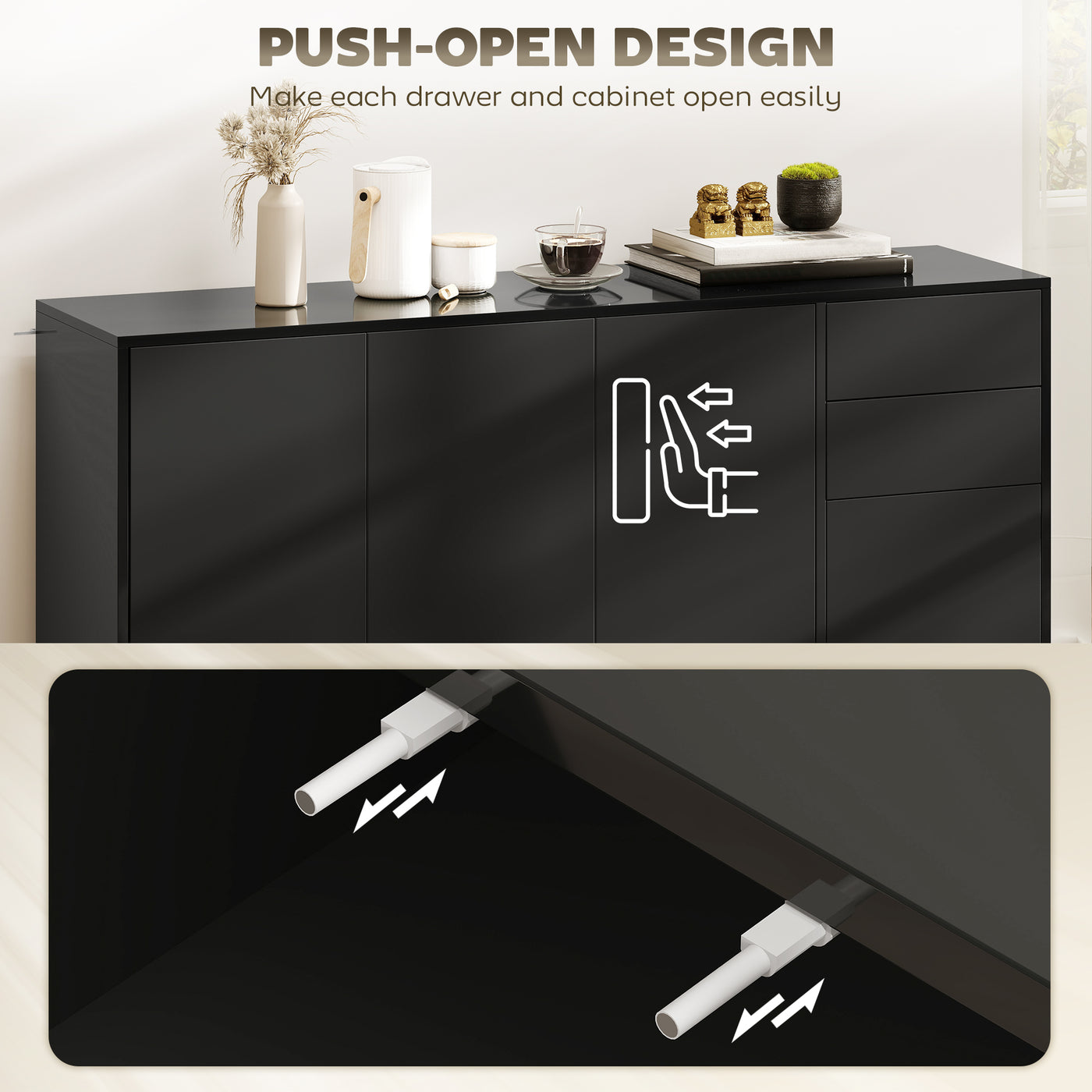 Kitchen Sideboard Storage Cabinet, Modern Coffee Bar Cabinet with Push-Open Design and 2 Drawers for Living Room, Black