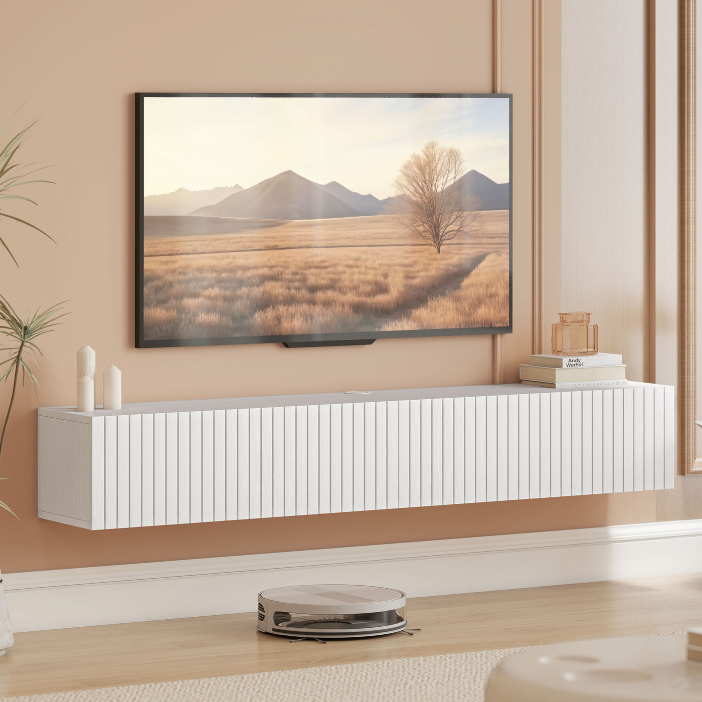 55" Floating TV Stand for TVs up to 72 Inch, Wall Mount Media Console with 2 Fluted Flip-Down Doors, Cable Hole, White