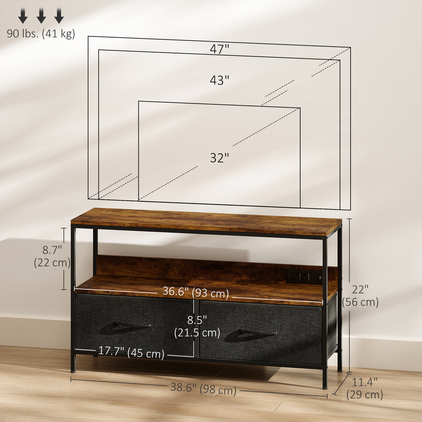 TV Stand with Charging Station, TV Table with 2 Foldable Linen Drawers and Open Shelf for 47 Inch TV, Rustic Brown