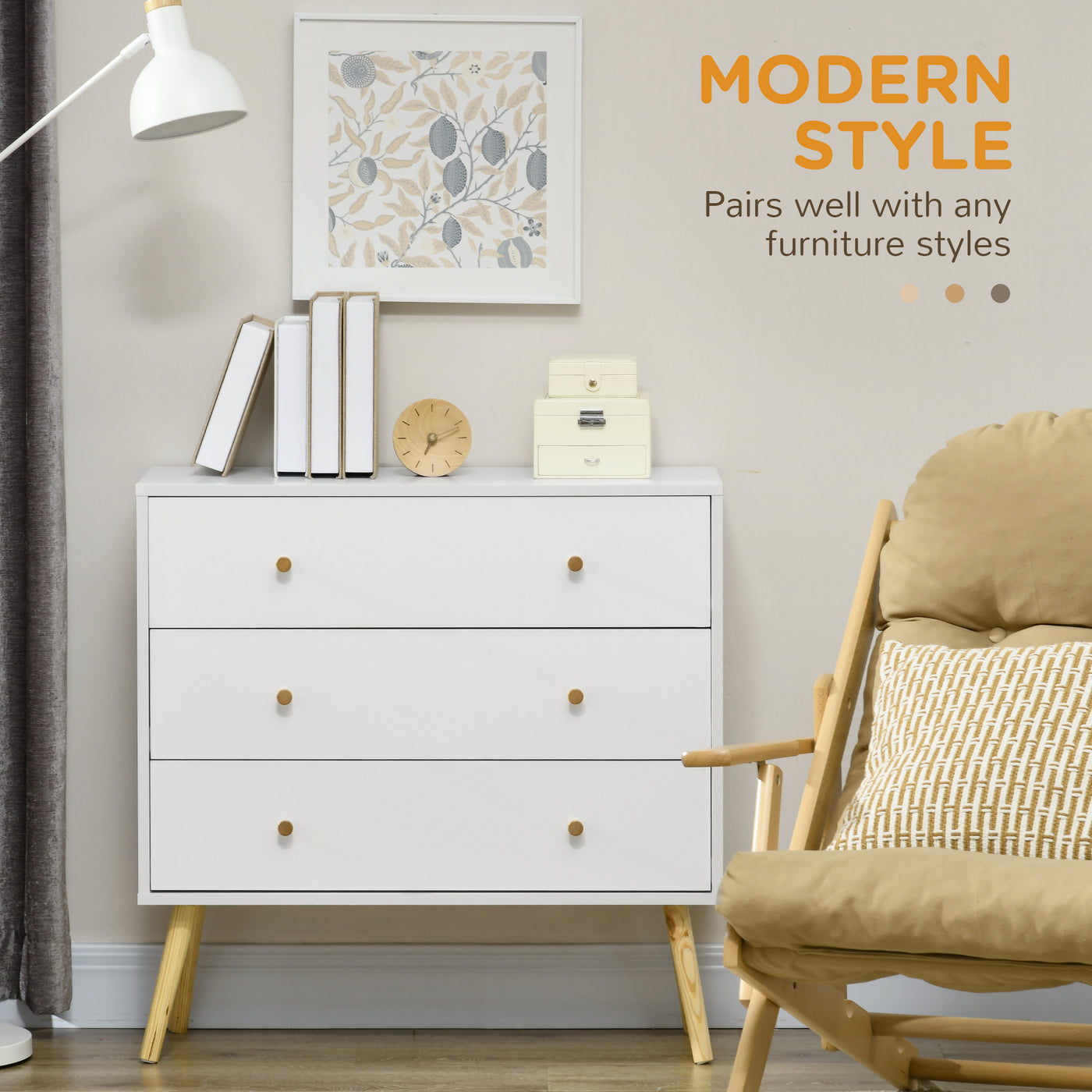 White Dresser for Bedroom with 3 Drawers, Morden Chest of Drawers with Solid Wood Legs and Handles, Storage Organizer for Living Room, White