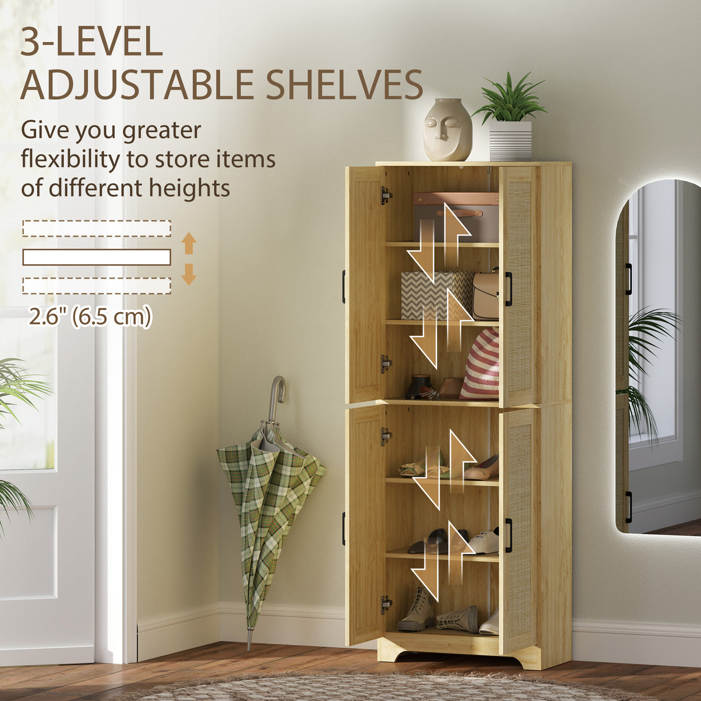 67" Tall Kitchen Pantry, Freestanding Kitchen Storage Cabinet with 4 Rattan Doors and Adjustable Shelves, Oak