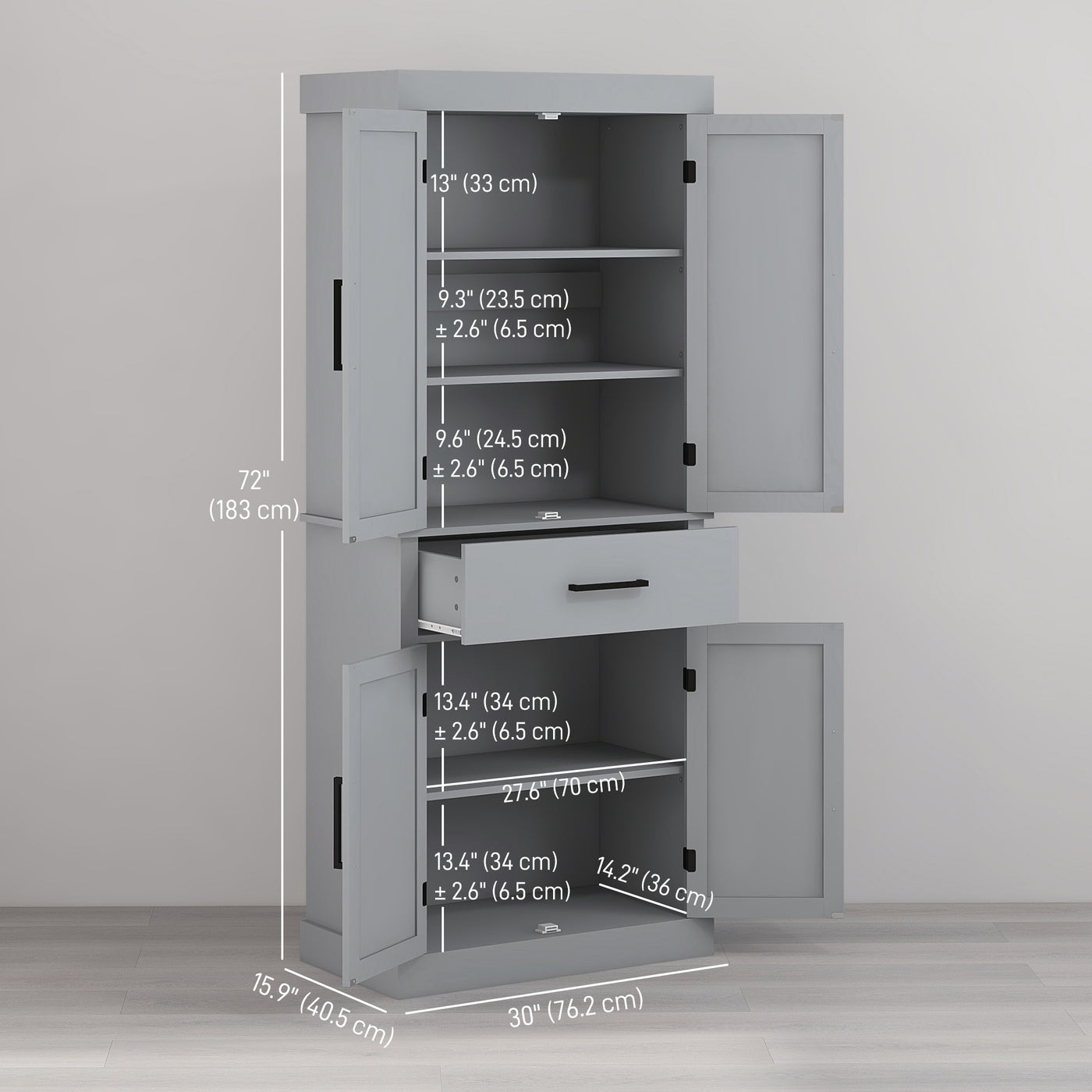 72" Farmhouse Kitchen Cabinet, Kitchen Pantry Cabinet with 4 Barn Doors, Drawer, Adjustable Shelves, Grey
