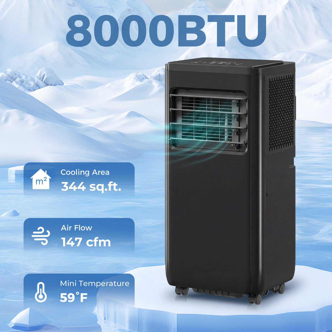 8000 BTU Portable 4-in-1 Air Conditioner with Cool, Dehumidifier, Fan, Sleep, WiFi Voice Remote Control, Black