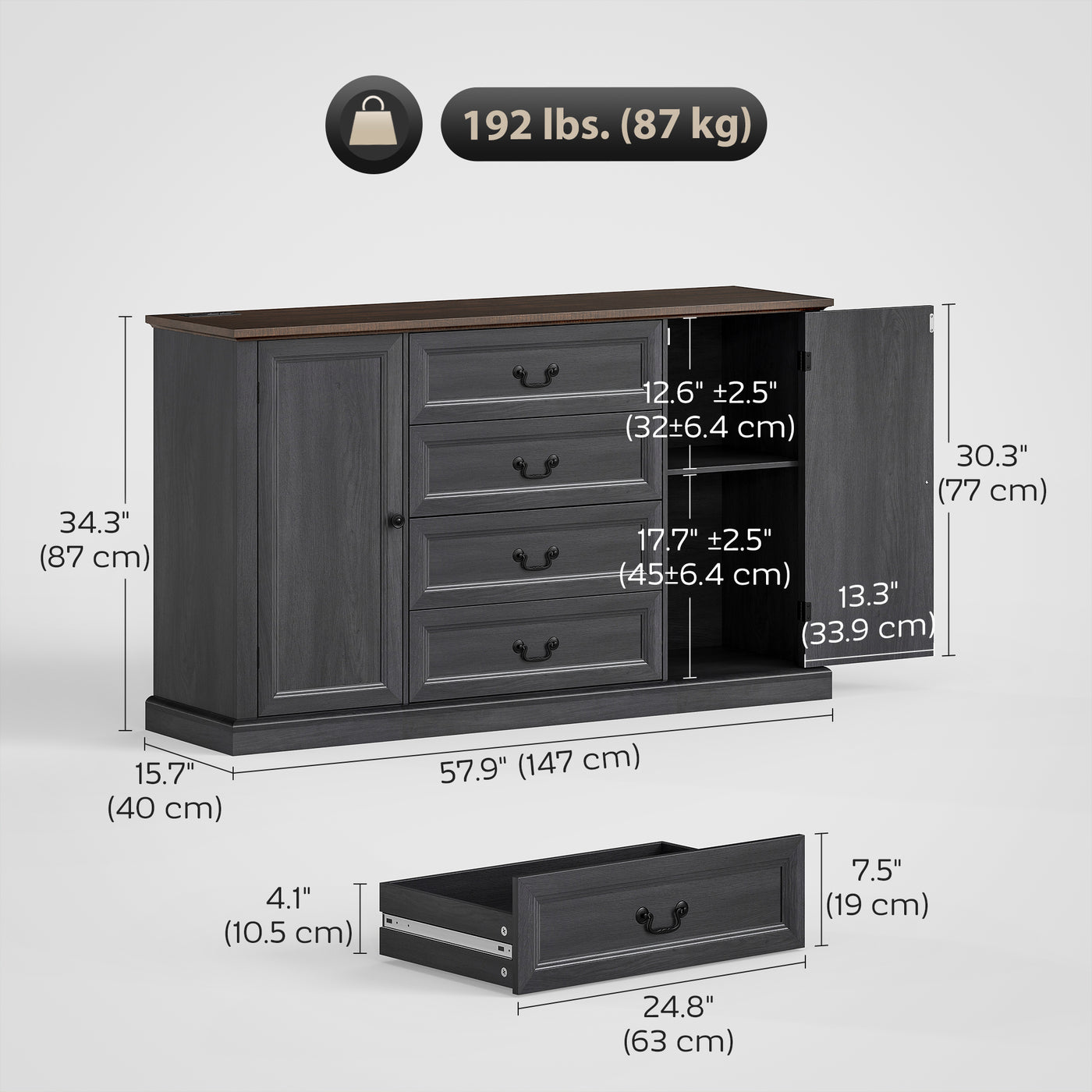 Farmhouse Sideboard with Charging Station, 58" Buffet Cabinet, Kitchen Storage Cabinet with 4 Drawers, 2 Doors, Black