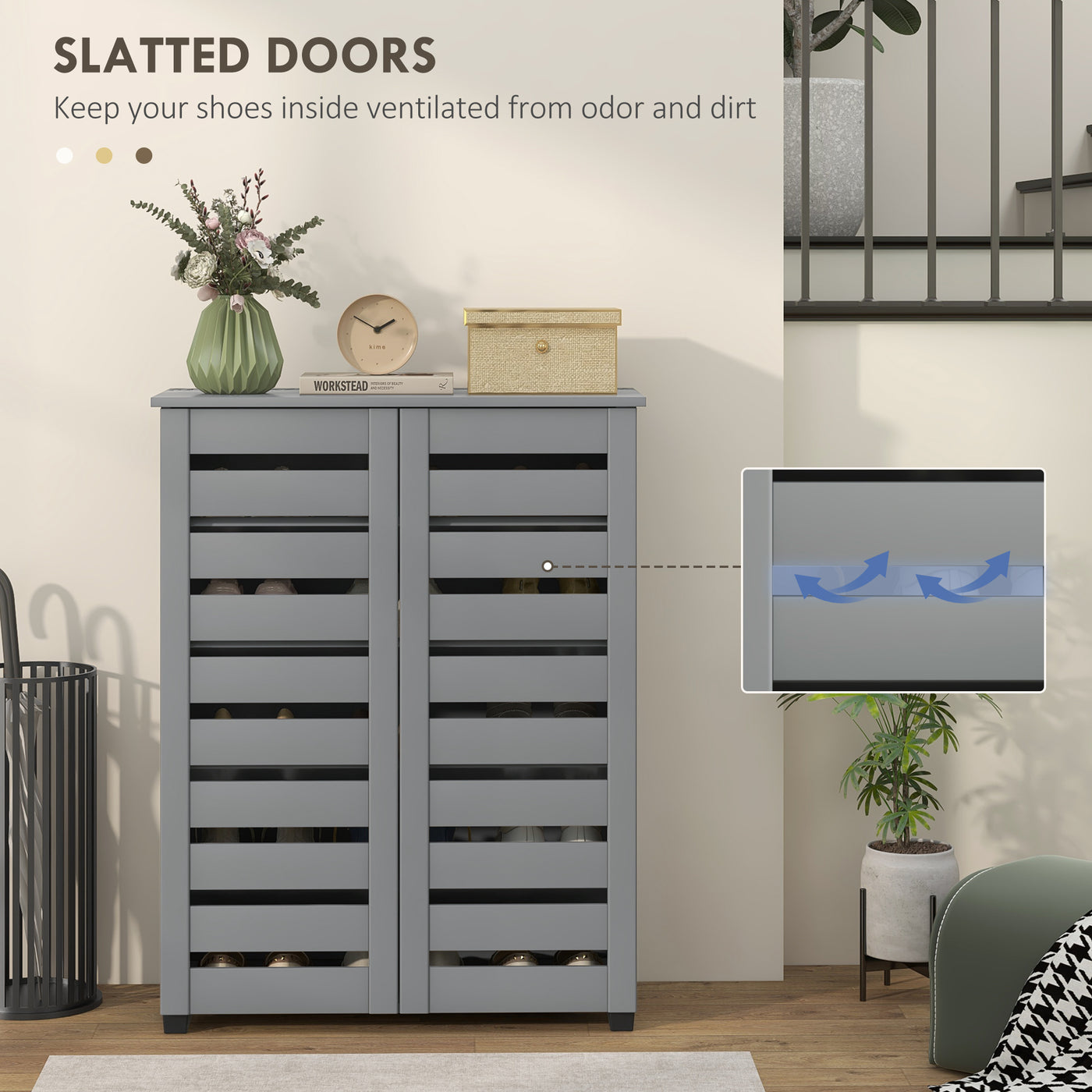 Shoe Storage Cabinet, Shoe Cabinet with 2 Slatted Doors for 15 Pairs of Shoes, Dark Grey