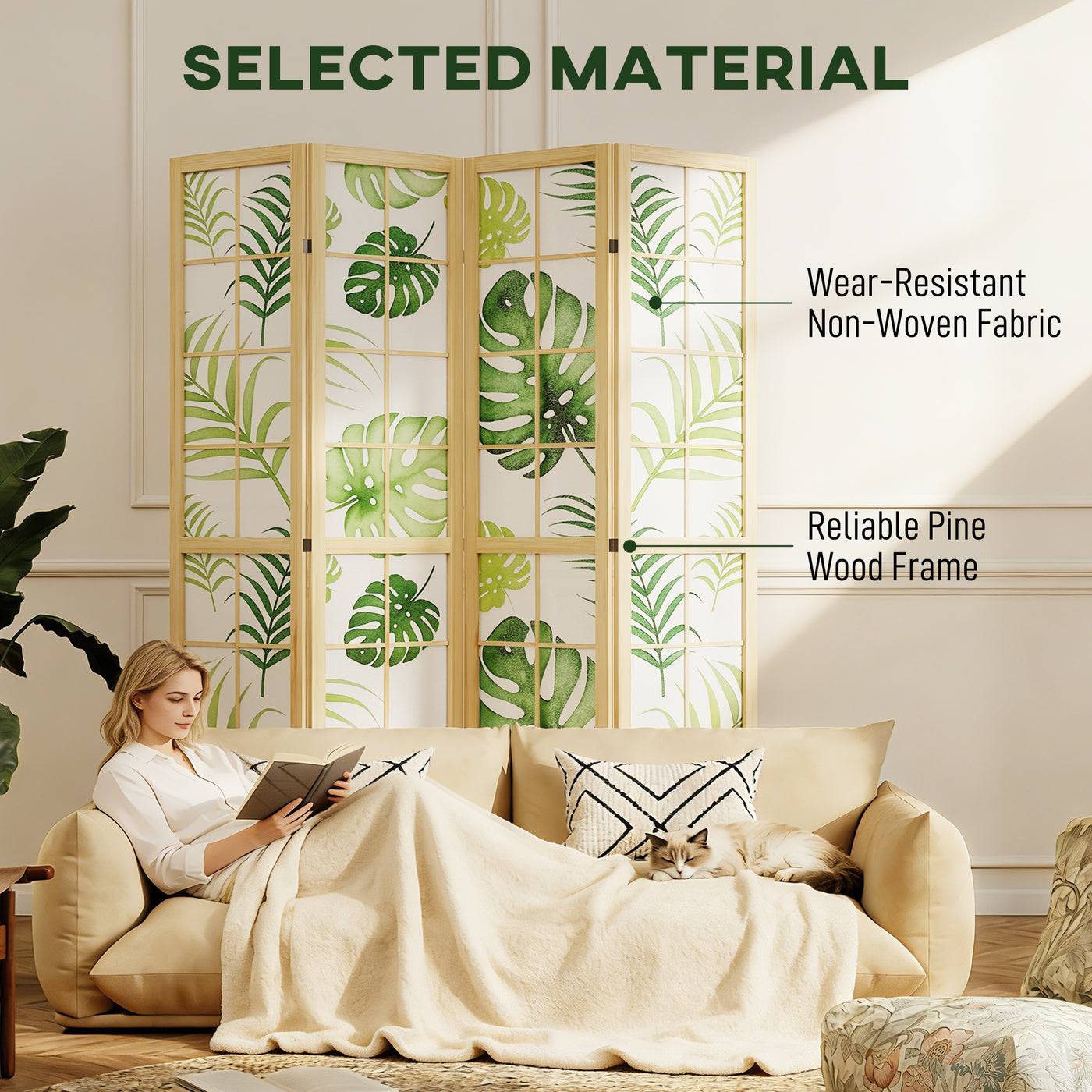 4 Panel Folding Privacy Screen, 67" Room Divider with Palm Leaf Design for Living Room Bedroom, Natural and Green