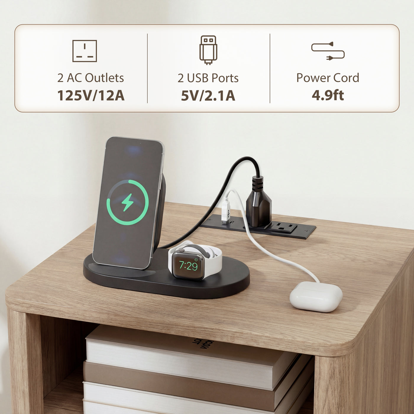 Nightstands Set of 2, Modern Bedside Tables with Charging Station, 2 Drawers and Open Shelf, Grey