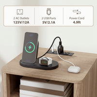 Nightstands Set of 2, Modern Bedside Tables with Charging Station, 2 Drawers and Open Shelf, Grey