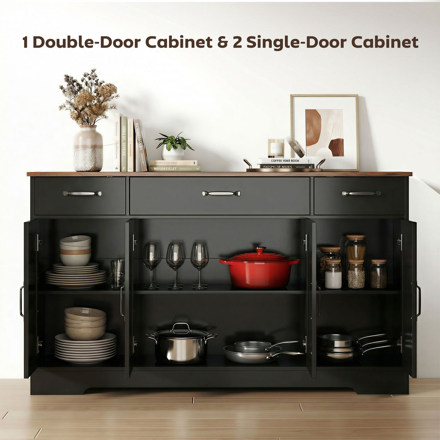 Sideboard Buffet Cabinet, 55" Farmhouse Kitchen Cabinet with 4 Barn Doors, 3 Drawers, 3 Adjustable Shelves, Black