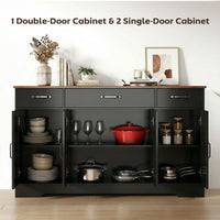 Sideboard Buffet Cabinet, 55" Farmhouse Kitchen Cabinet with 4 Barn Doors, 3 Drawers, 3 Adjustable Shelves, Black