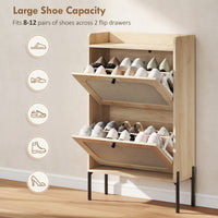 Shoe Cabinet with 2 Flip Drawers, Boho Narrow Shoe Storage Cabinet, Oak