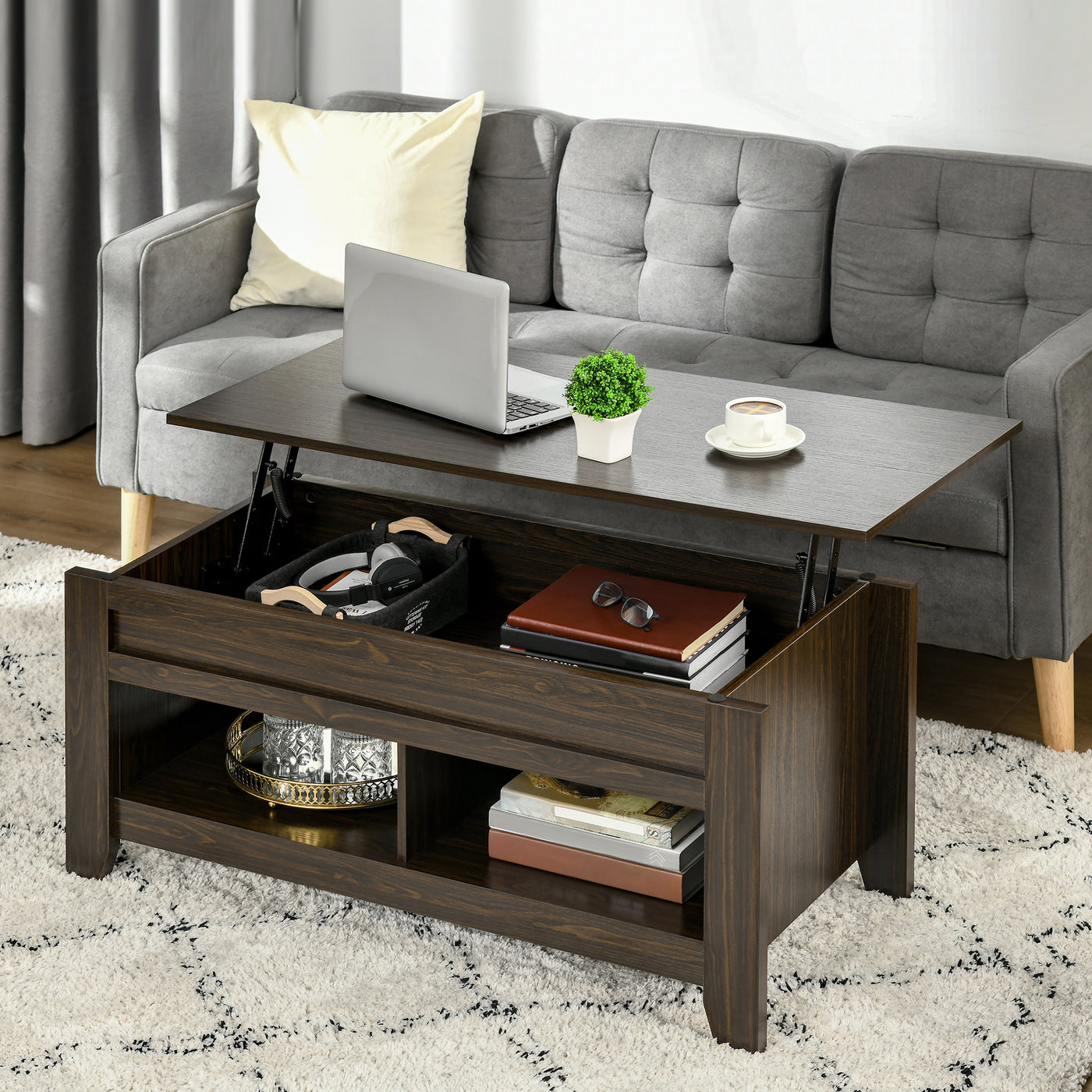 Lift Top Coffee Table with Hidden Storage Compartment and Open Shelves, Lift Tabletop Pop-Up Center Table for Living Room, Dark Walnut