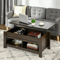 Lift Top Coffee Table with Hidden Storage Compartment and Open Shelves, Lift Tabletop Pop-Up Center Table for Living Room, Dark Walnut