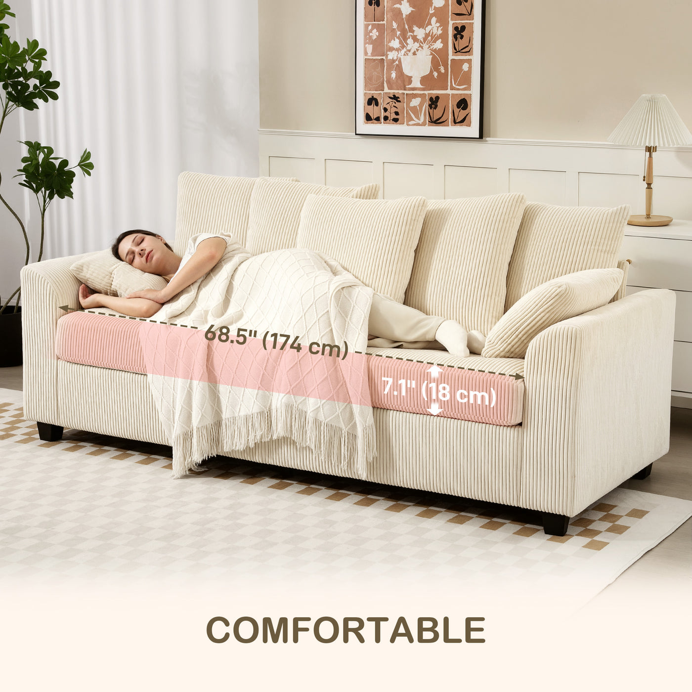 Corduroy Couch, 3 Seater Sofa, Modern Upholstered Couch with Curved Armrests and 8 Removable Pillows, Beige