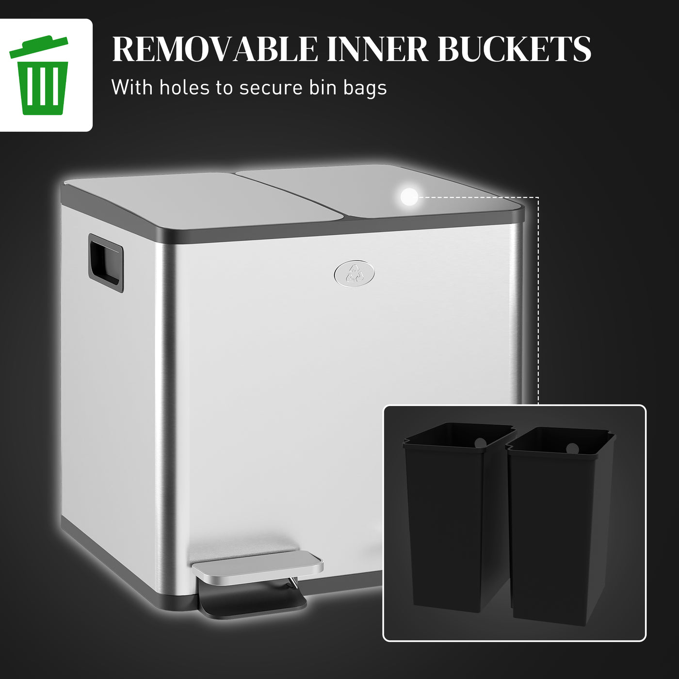 Garbage Bin, Soft-Close Trash Can with Foot Pedal, 2x4 Gallon (2x15 L) Garbage Can with Removable Inner Buckets, Silver