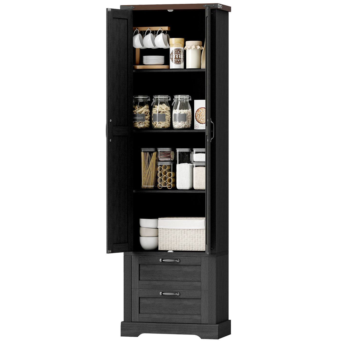 71" Tall Kitchen Pantry Cabinet, Farmhouse Kitchen Storage Cabinet with 2 Drawer and Adjustable Shelves, Black
