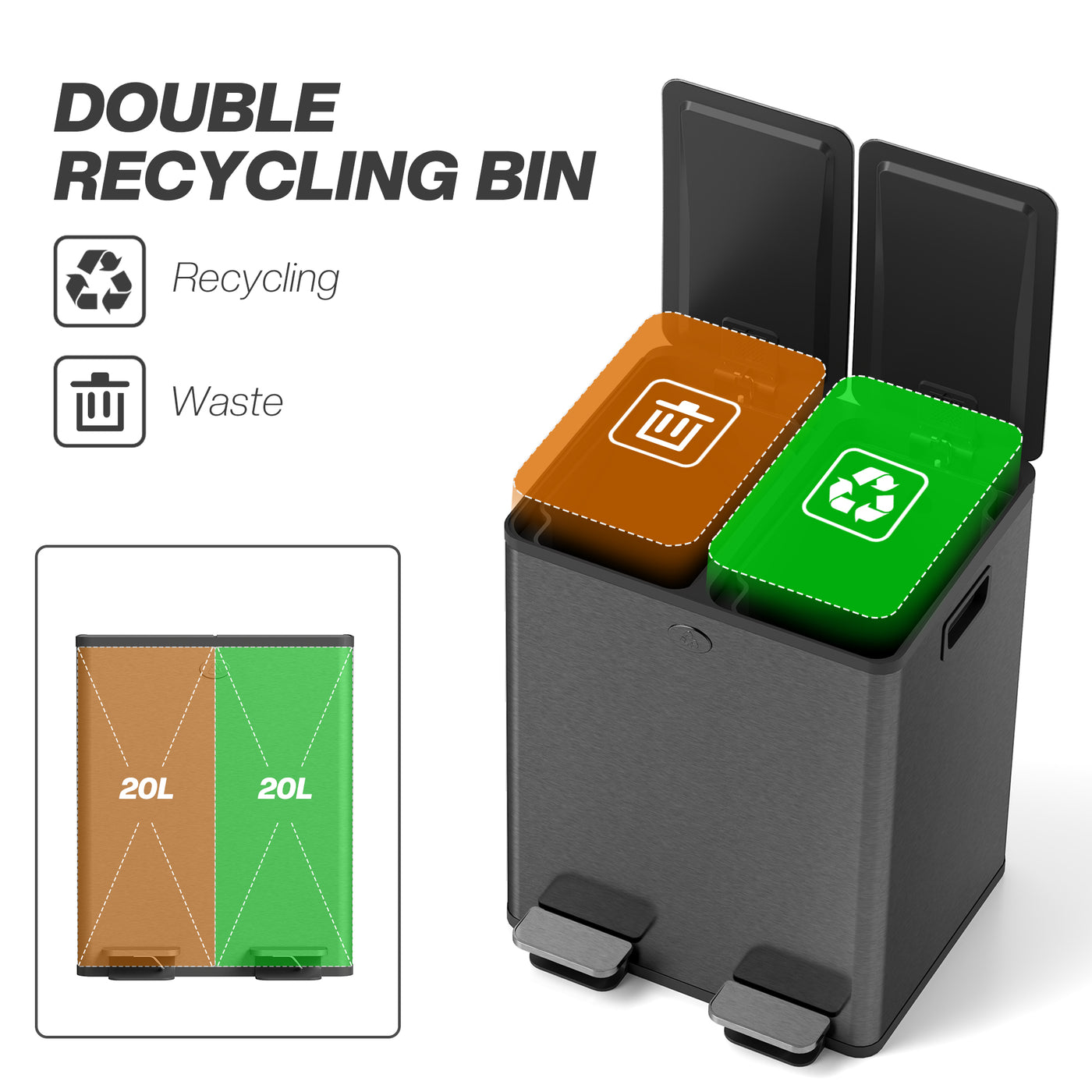 Garbage Bin, Soft-Close Trash Can with Foot Pedal, 2x5 Gallon (2x20 L) Garbage Can with Removable Inner Buckets, Black
