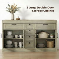 Sideboard Buffet Cabinet, 55" Farmhouse Kitchen Cabinet with 4 Barn Doors, 6 Drawers and 2 Adjustable Shelves, Grey