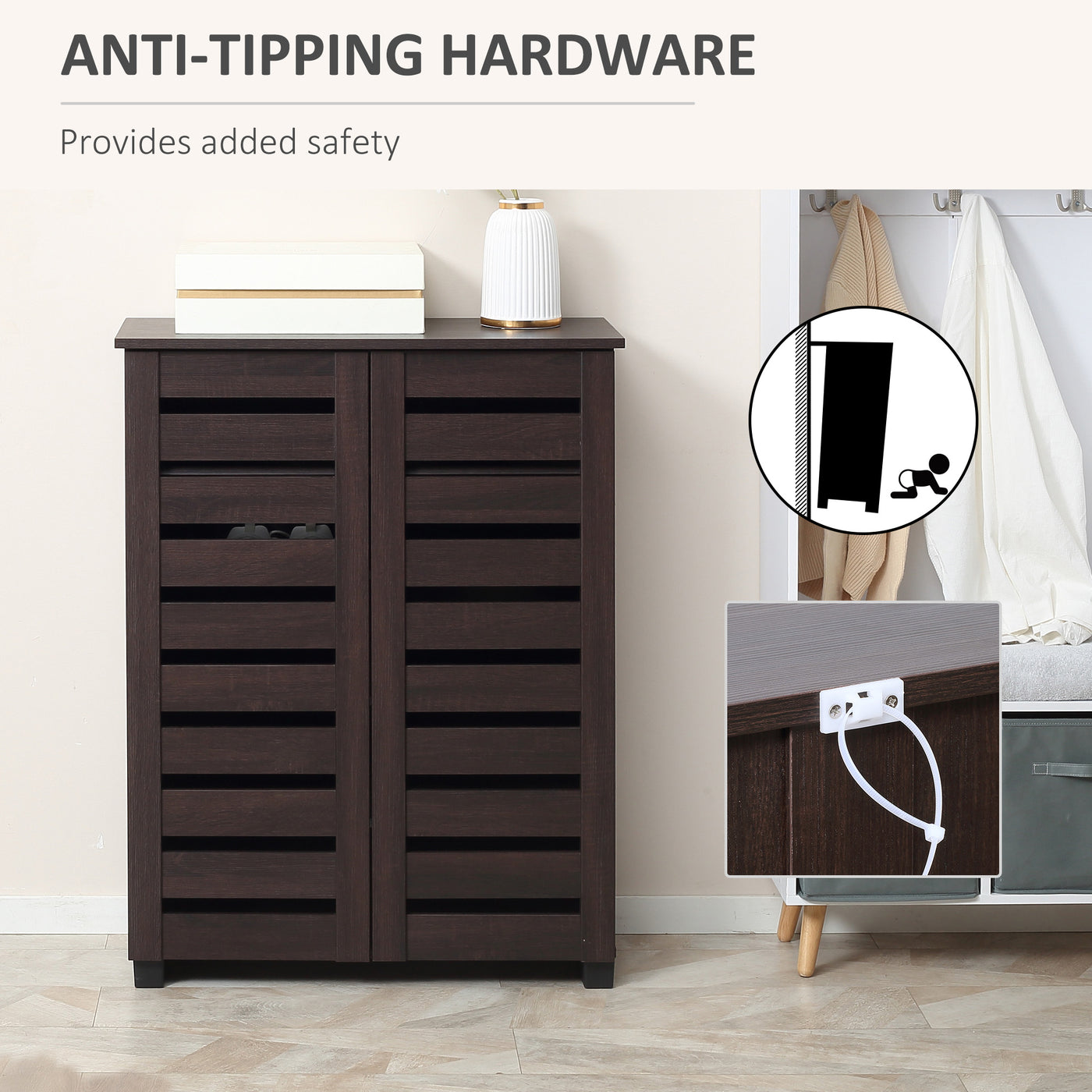 Narrow Shoe Cabinet with 2 Slatted Doors, Modern Shoe Storage Cabinet with Adjustable Shelves for Entryway, Hallway, Living Room, Holds 15 Pairs, Dark Brown