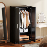 Wardrobe Cabinet with 2 Doors and Hanging Rod, Modern Armoire Wardrobe Closet for Bedroom, Black Wood Effect