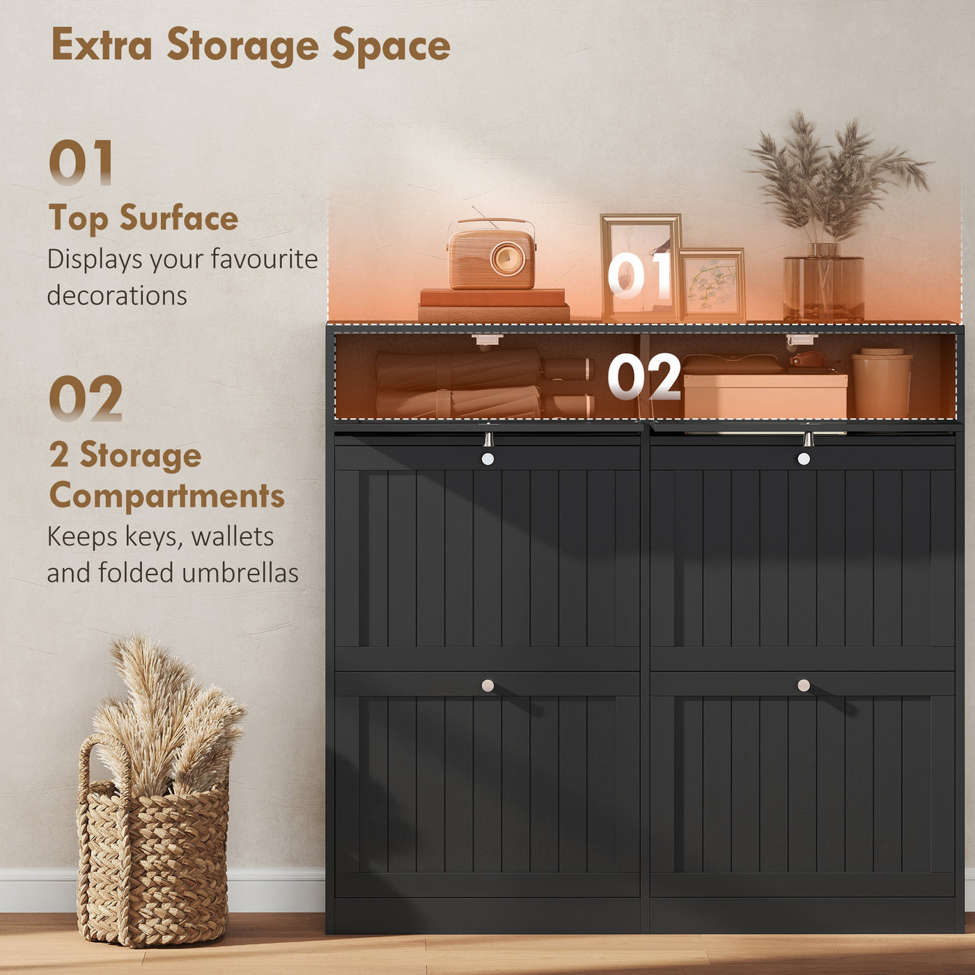 Shoe Cabinet with 2 Large Flip Drawers, Farmhouse Narrow Shoe Storage Cabinet with 2 Top Compartments, Black