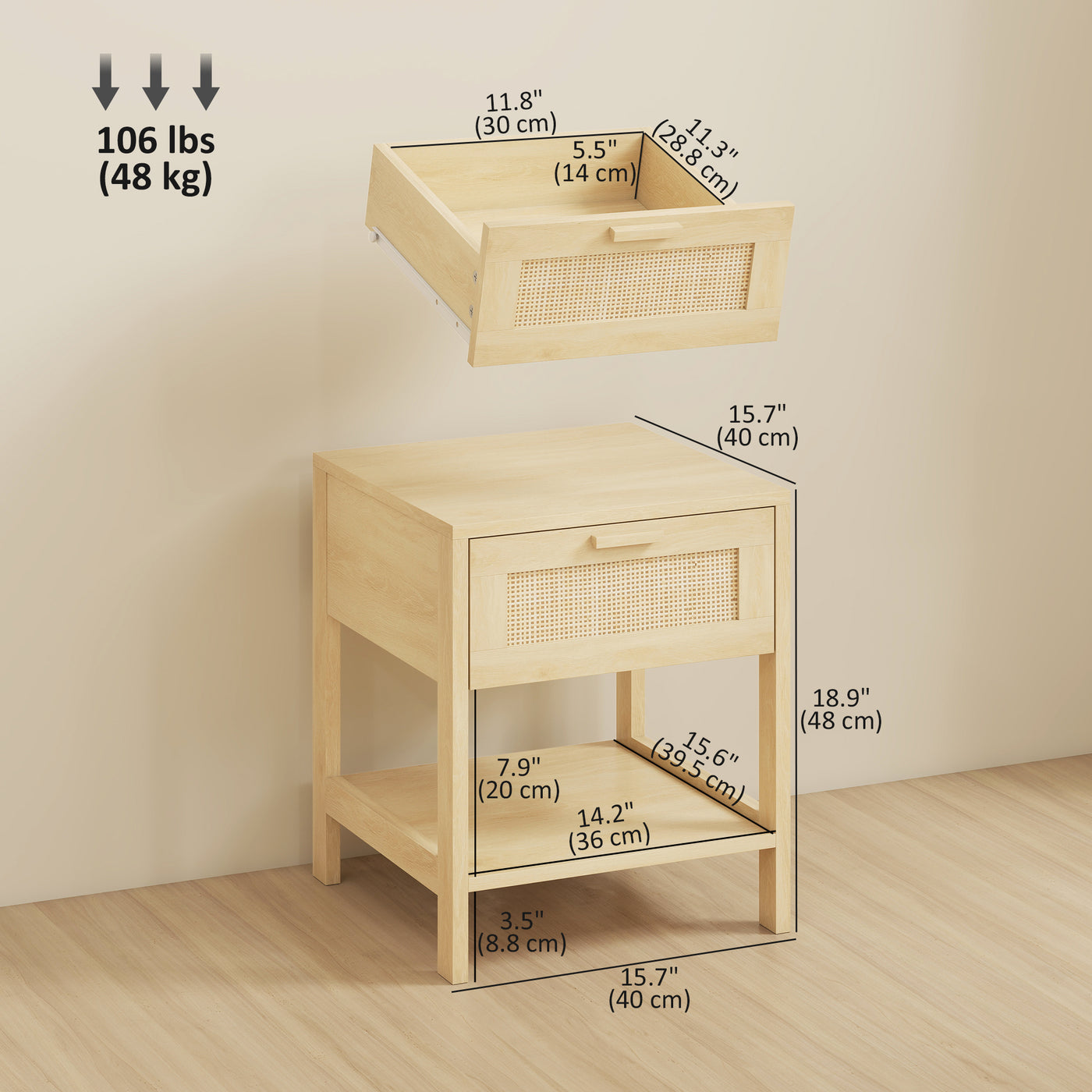Narrow Nightstand with Rattan Elements, Bedside Table with Drawer and Storage Shelf for Bedroom, Set of 2, Natural Wood