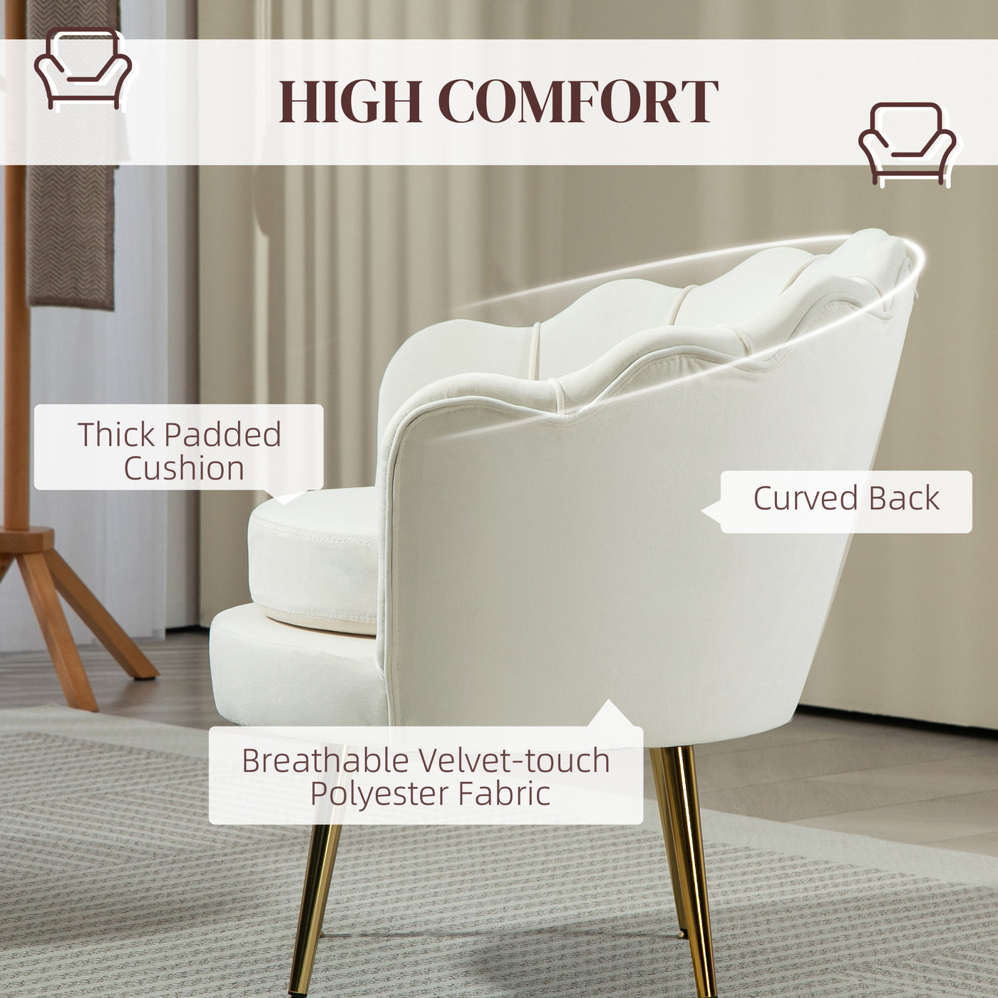 Modern Accent Chair, Velvet-Touch Fabric Leisure Club Chair with Gold Metal Legs for Bedroom, Cream White