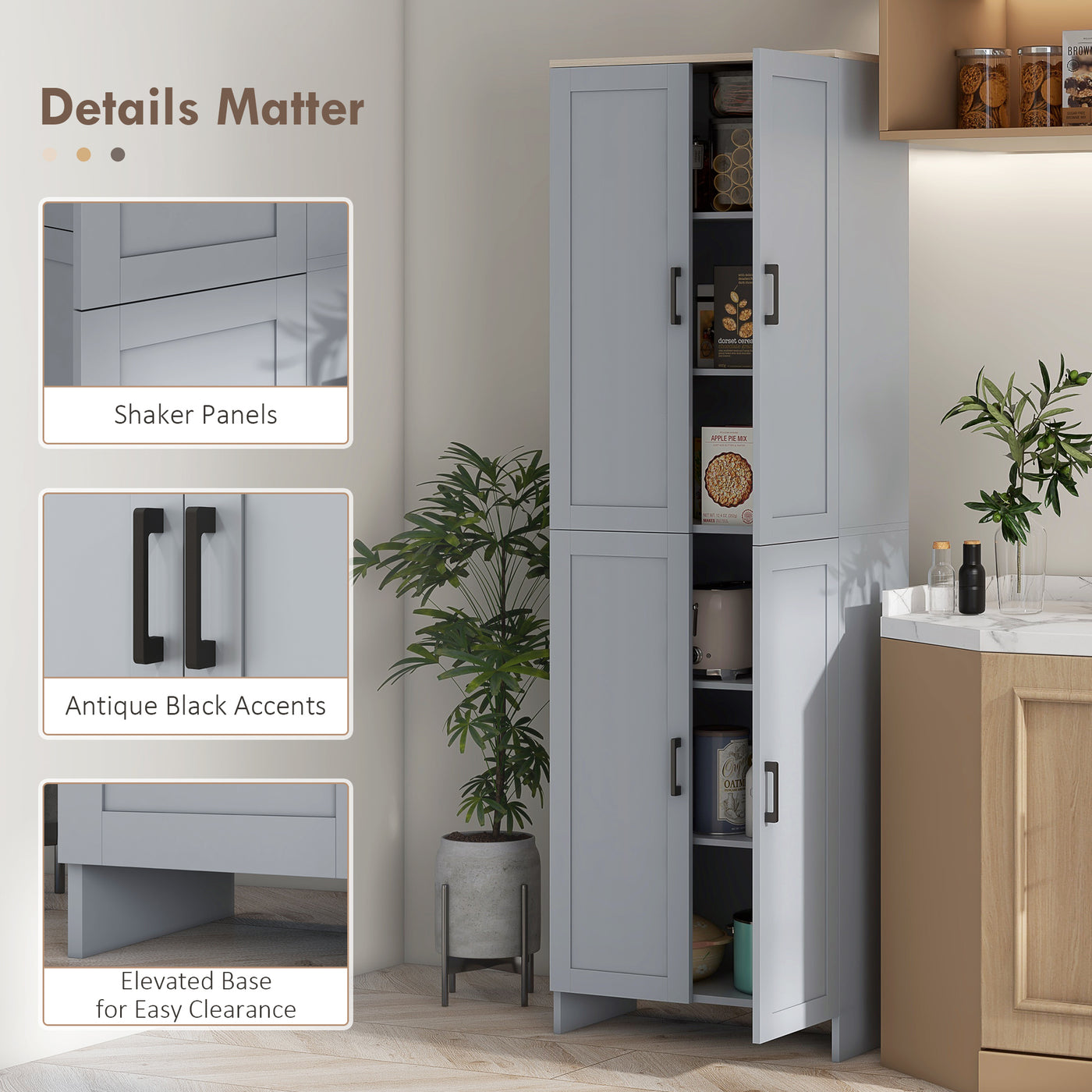 67" 4-Door Kitchen Pantry Cabinet, Freestanding Storage Cabinet Cupboard with Adjustable Shelves, Grey