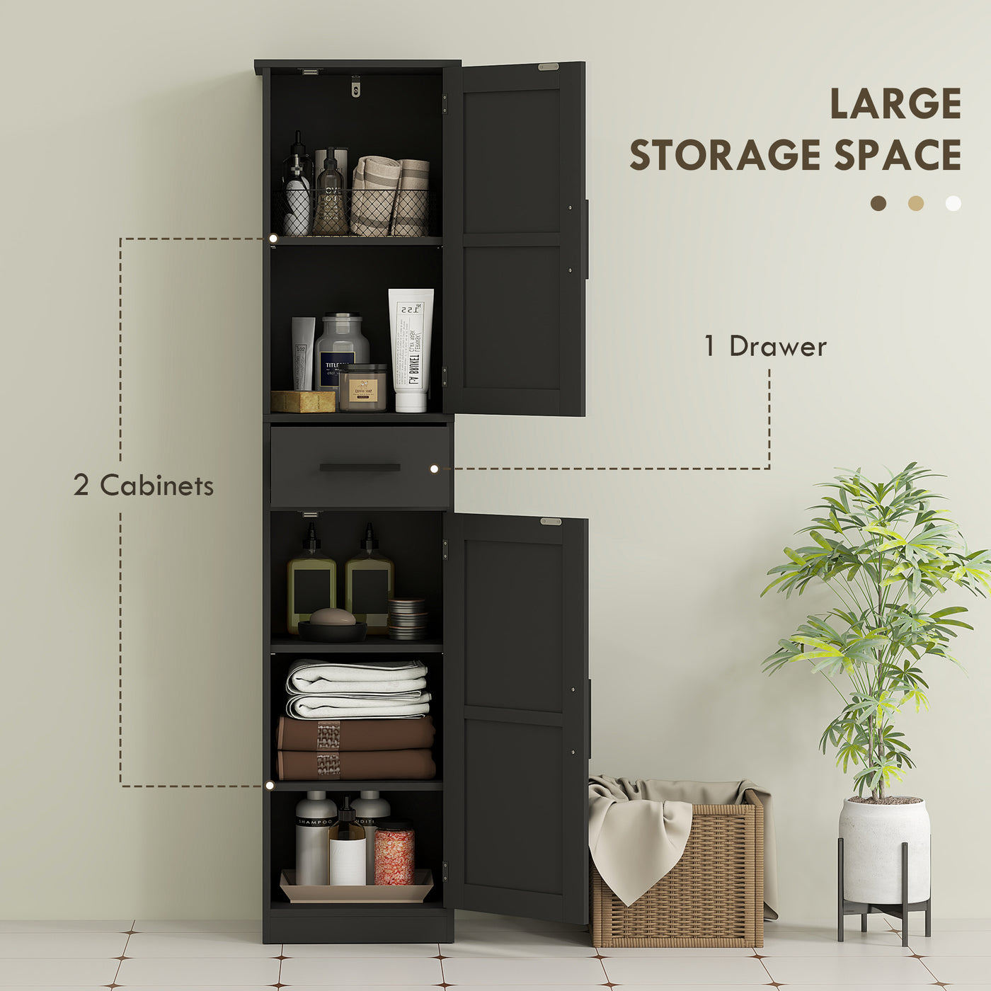 67" Tall Bathroom Cabinet, Narrow Bathroom Storage Cabinet with Drawer, Barn Doors and Adjustable Shelves, Black