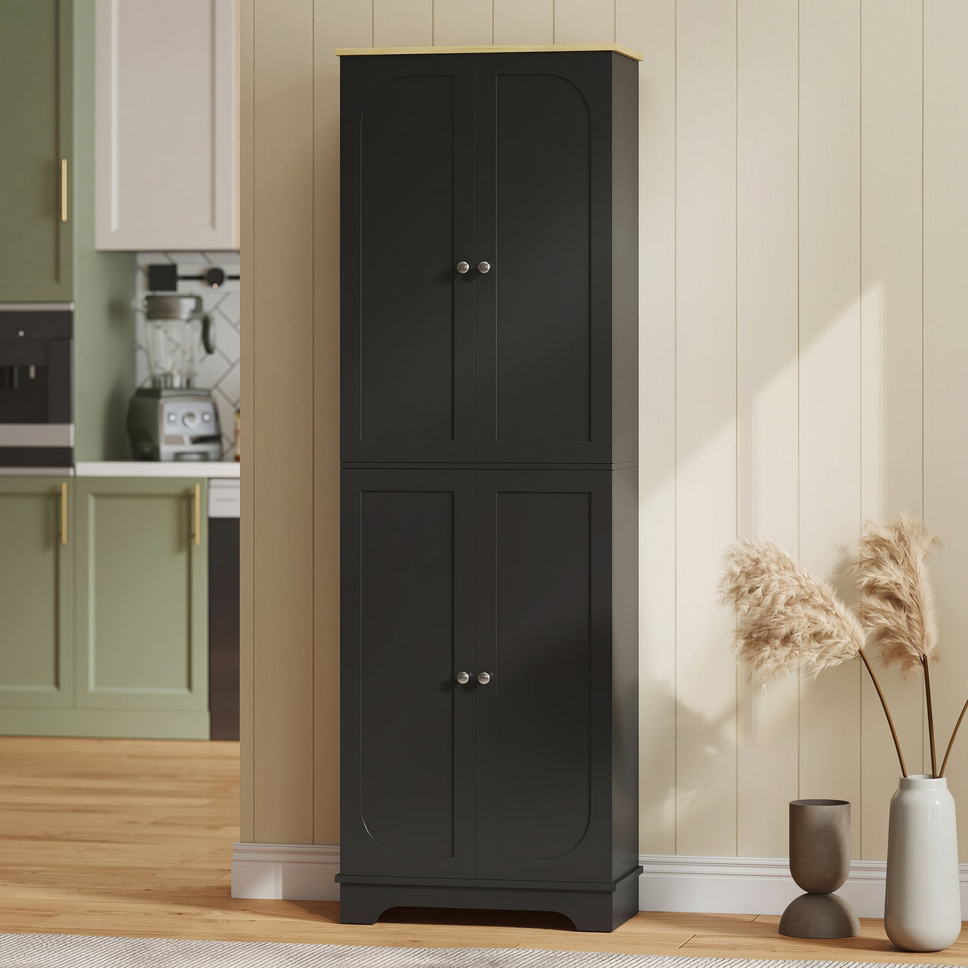 72" Tall Pantry Cabinet, Kitchen Pantry Cabinet with Adjustable Shelves, Storage Cabinet with 4 Doors, Black