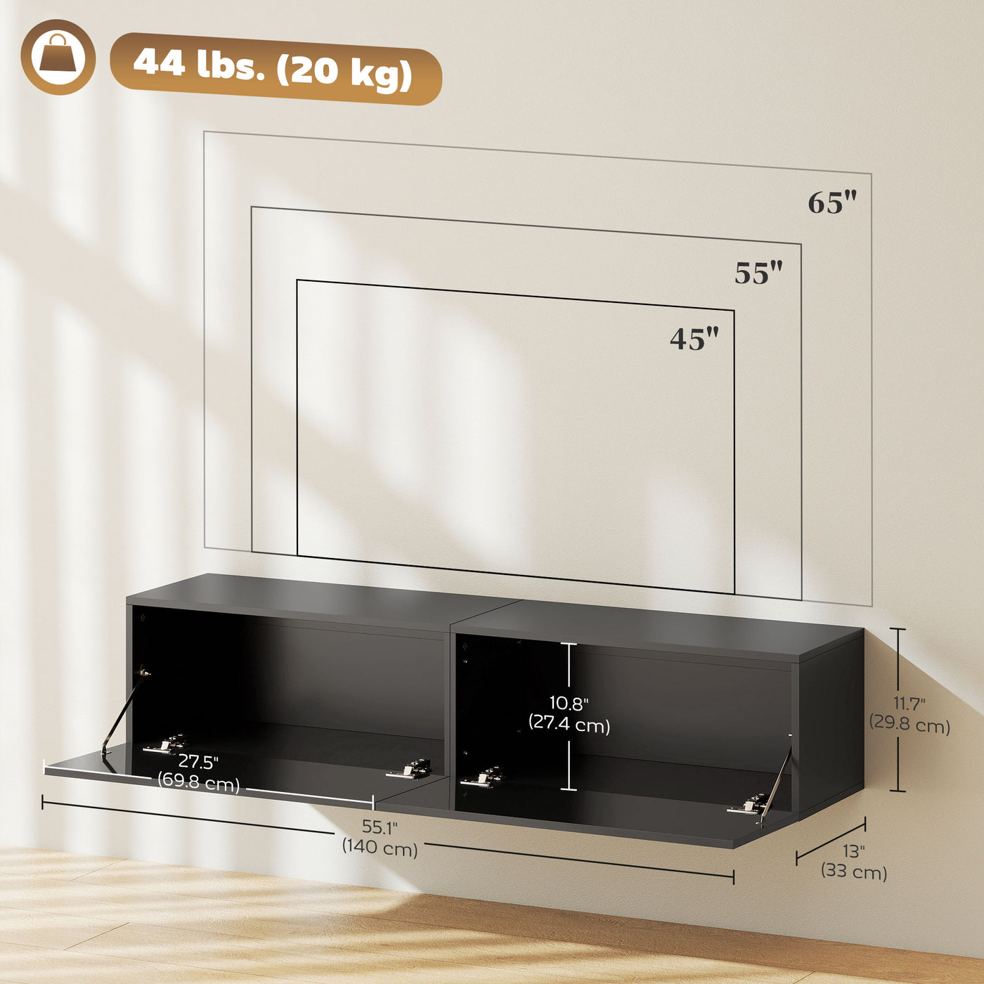 Floating TV Stand with Storage Cupboards for 45, 55, 65in TVs, Wall Mounted TV Console Entertainment Unit, Black