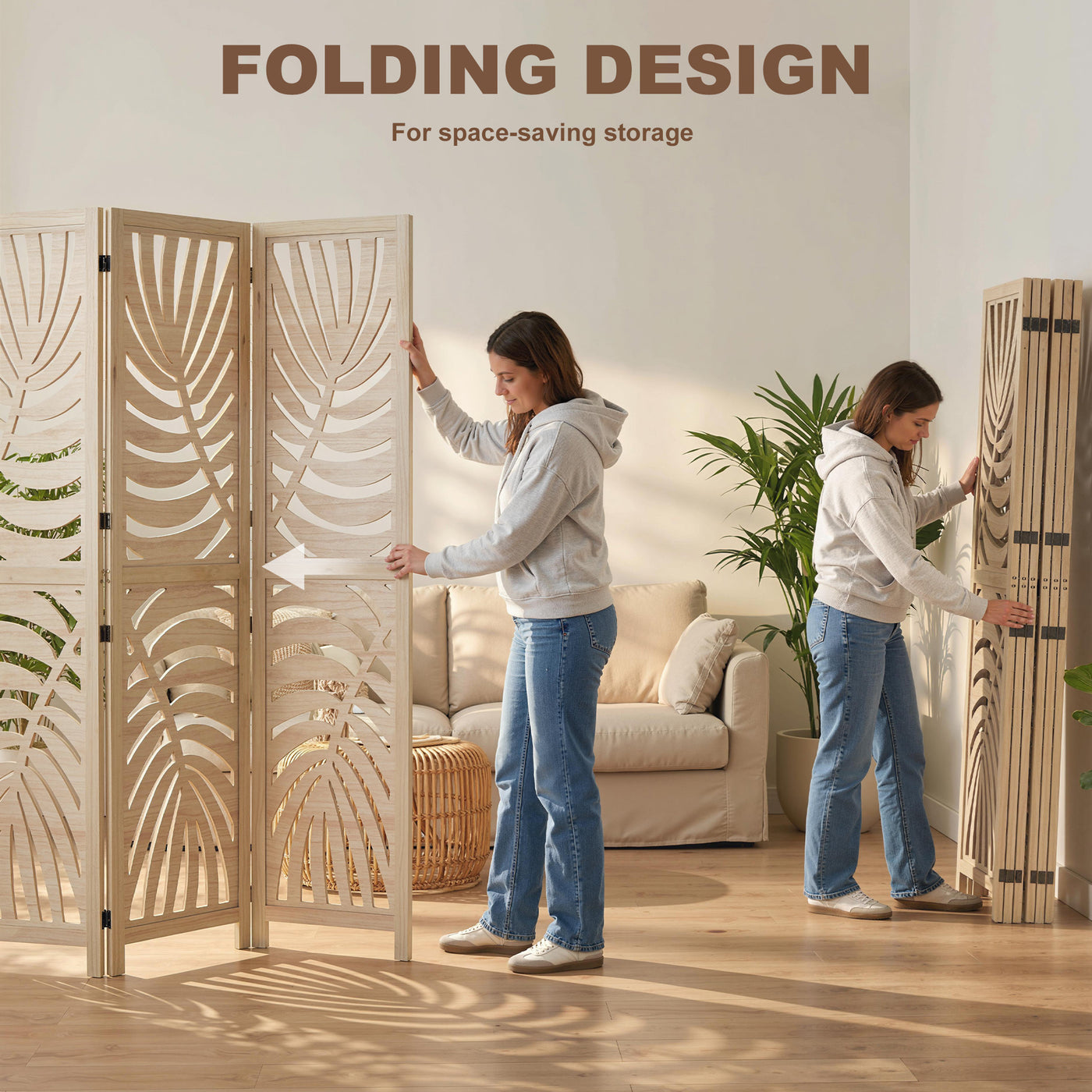 6 Panel Room Divider, Detachable Folding Privacy Screens with Palm Leaf Design for Home Office, Natural Wood