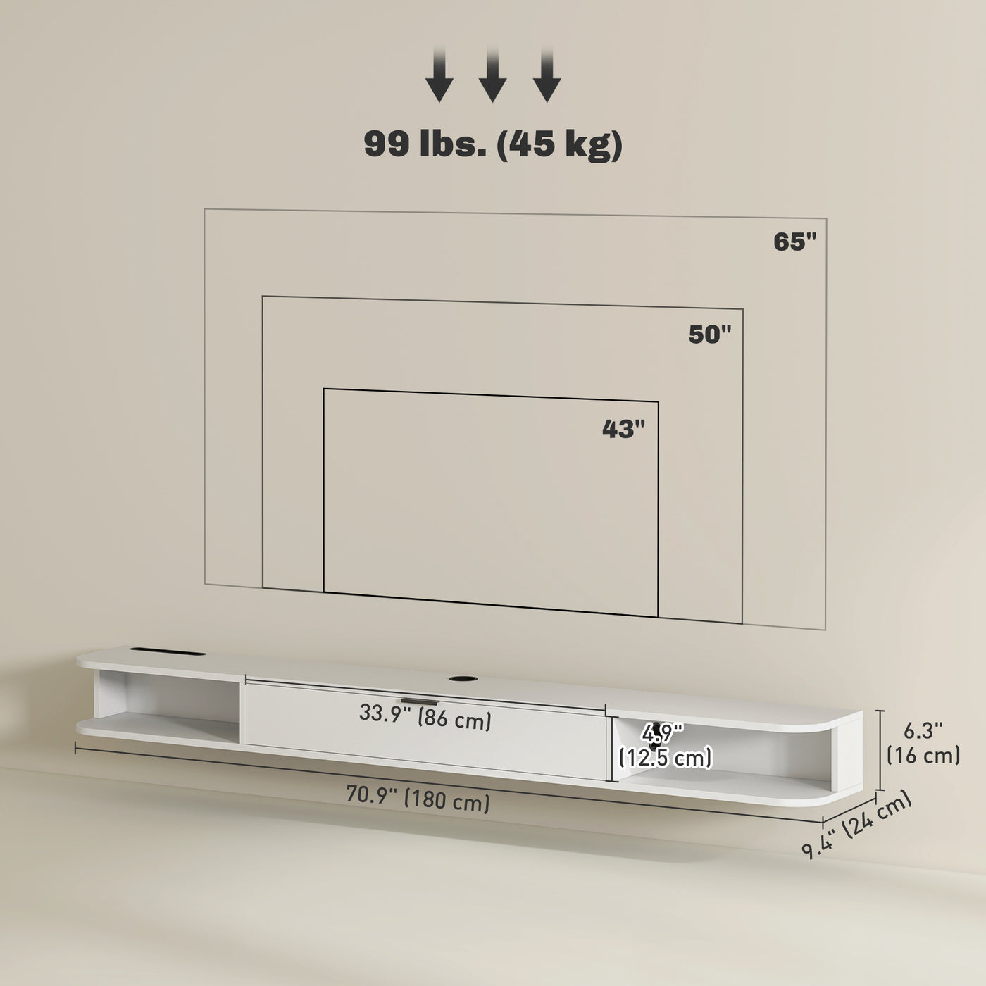 71" Floating TV Stand for TVs up to 75 Inch, Wall Mounted Media Console with Flip Drawer and 2 Open Shelves, White
