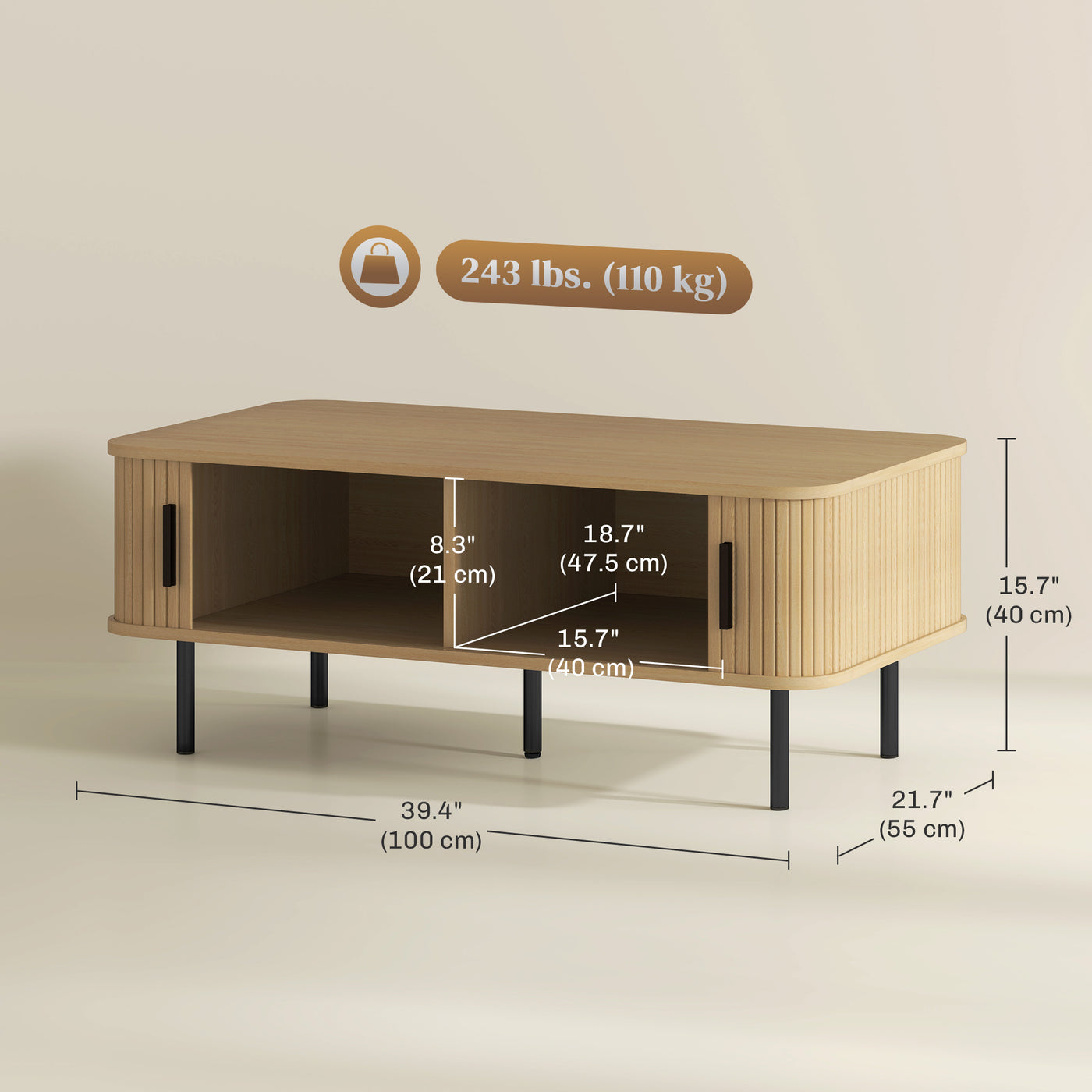 Coffee Table with Storage, Nordic Side Table with Fluted Tambour Sliding Doors and Steel Legs for Living Room, Oak
