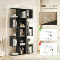 5-Tier Bookshelf, S Shaped Geometric Bookcase with 15 Compartments, Black Wood Grain