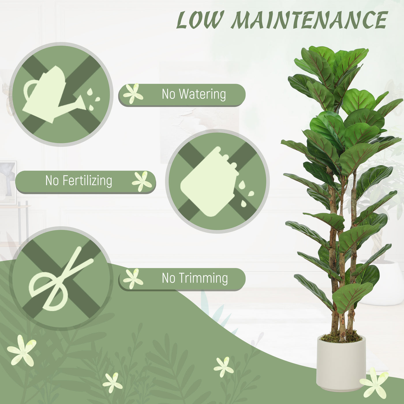 4FT Artificial Fiddle Leaf Fig Tree, Fake Potted Tree with Solid Wood Trunks and Lifelike Leaves for Indoor Decor, Green