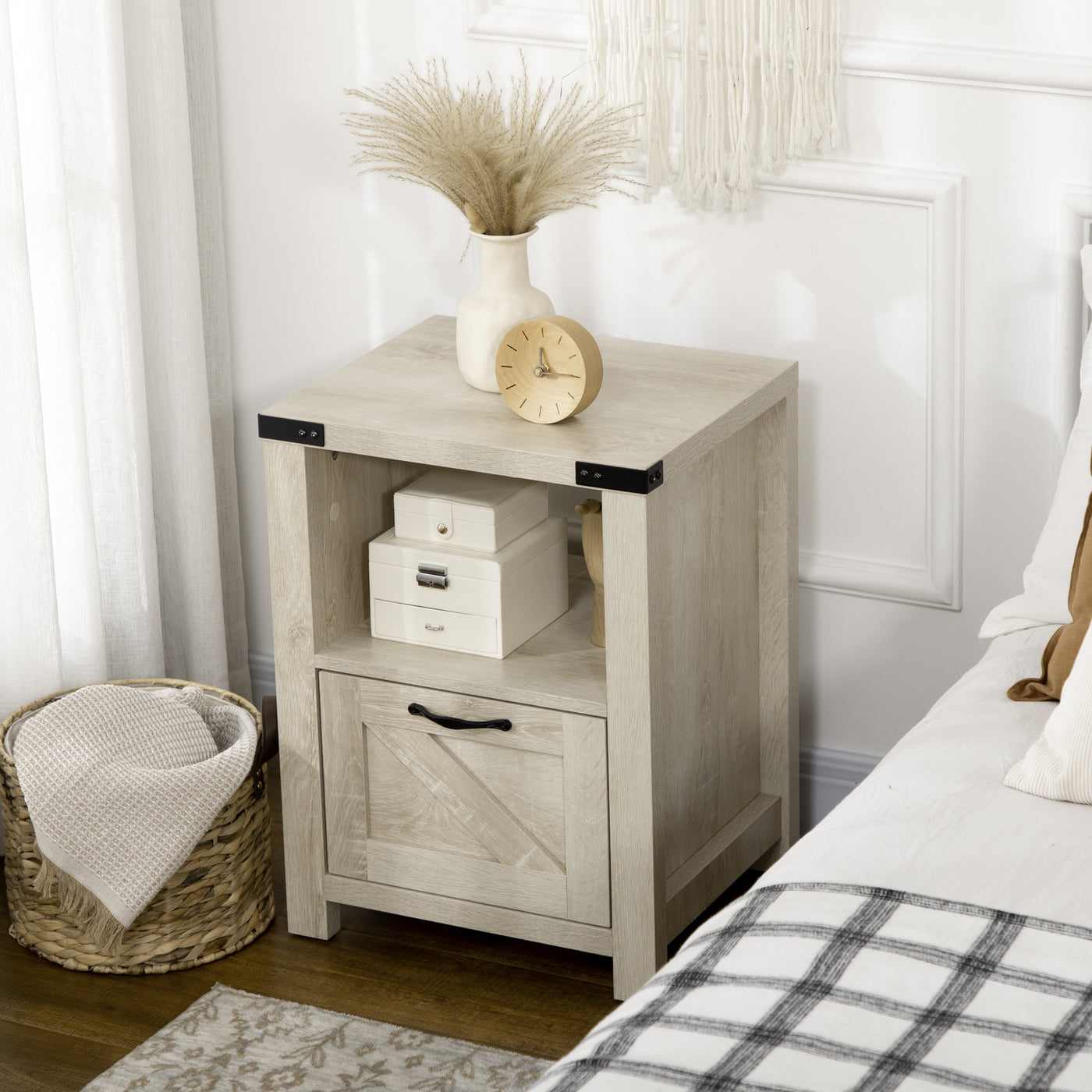 Side Table with Storage, Farmhouse End Table with Drawer, Open Shelf and Barn-style Panel, Nightstand for Living Room, Bedroom, Oak