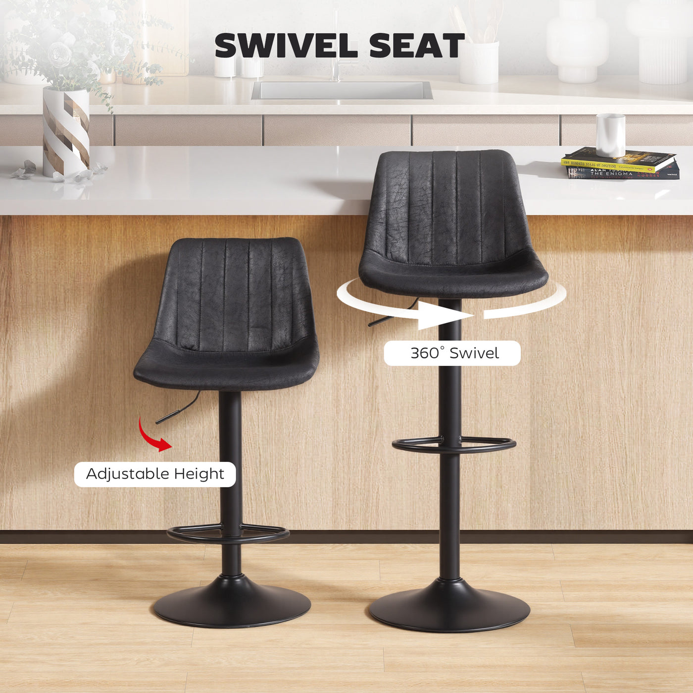 Counter Height Bar Stools Set of 2, Adjustable Height Bar Chairs with Swivel Seat, Leathaire Upholstery, Black