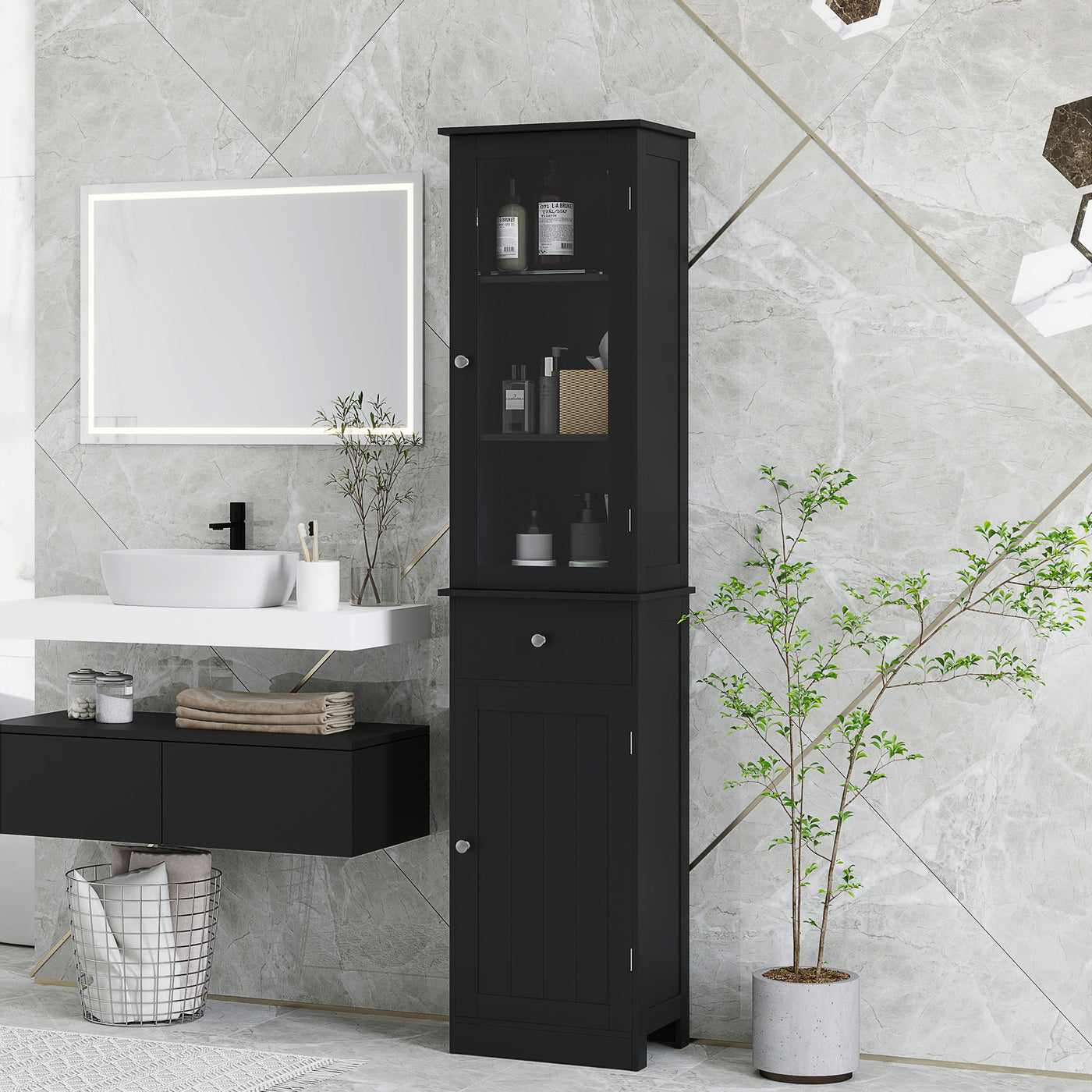 Tall Bathroom Cabinet, Bathroom Storage Cabinet with Drawers, 2 Doors and Adjustable Shelves, Black