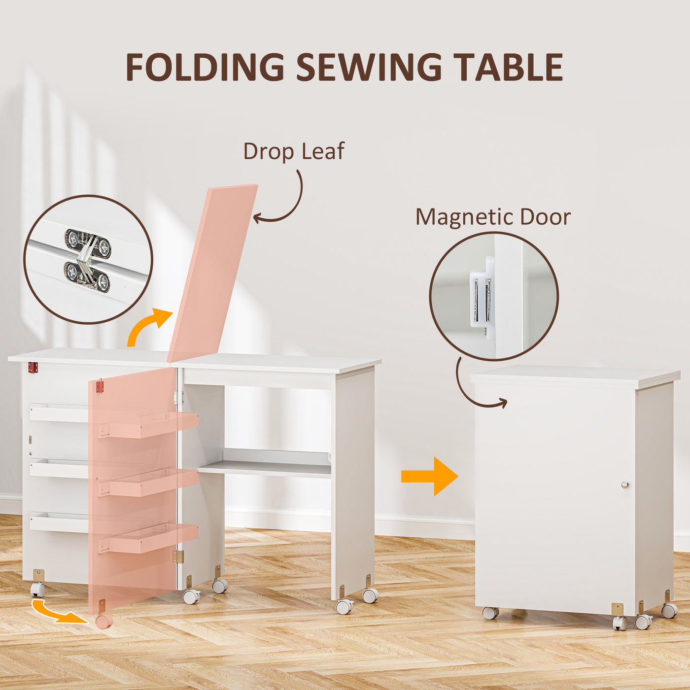 Sewing Machine Cabinet, Folding Sewing Table with Storage Shelf, Bins and Lockable Wheels for Small Space, White