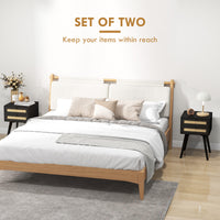 Boho Night Stands Set of 2, Bedside Tables with 2 Rattan Drawers, Square End Tables for Bedroom, Living Room