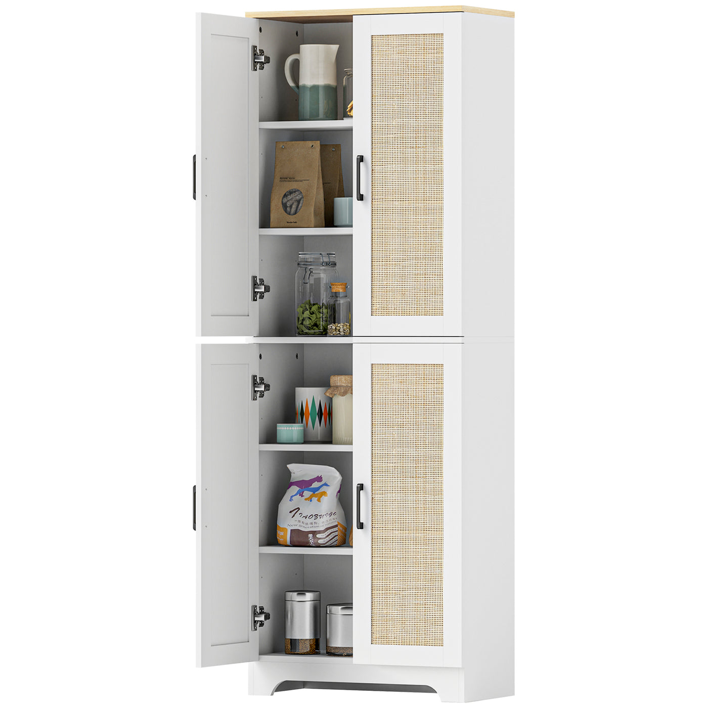 67" Tall Kitchen Pantry, Freestanding Kitchen Storage Cabinet with 4 Rattan Doors and Adjustable Shelves, White