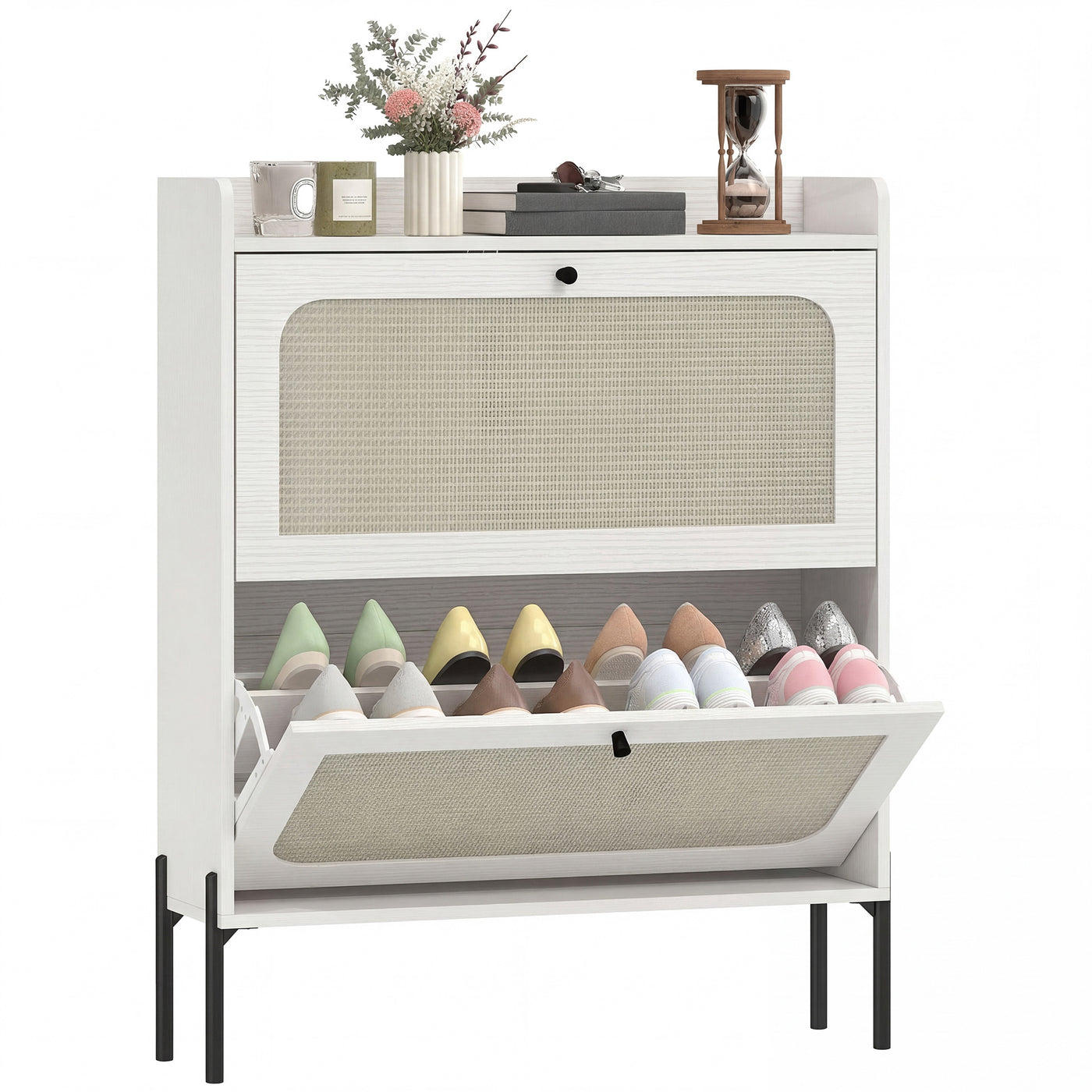 Shoe Cabinet with 2 Flip Drawers, Boho Narrow Shoe Storage Cabinet, White