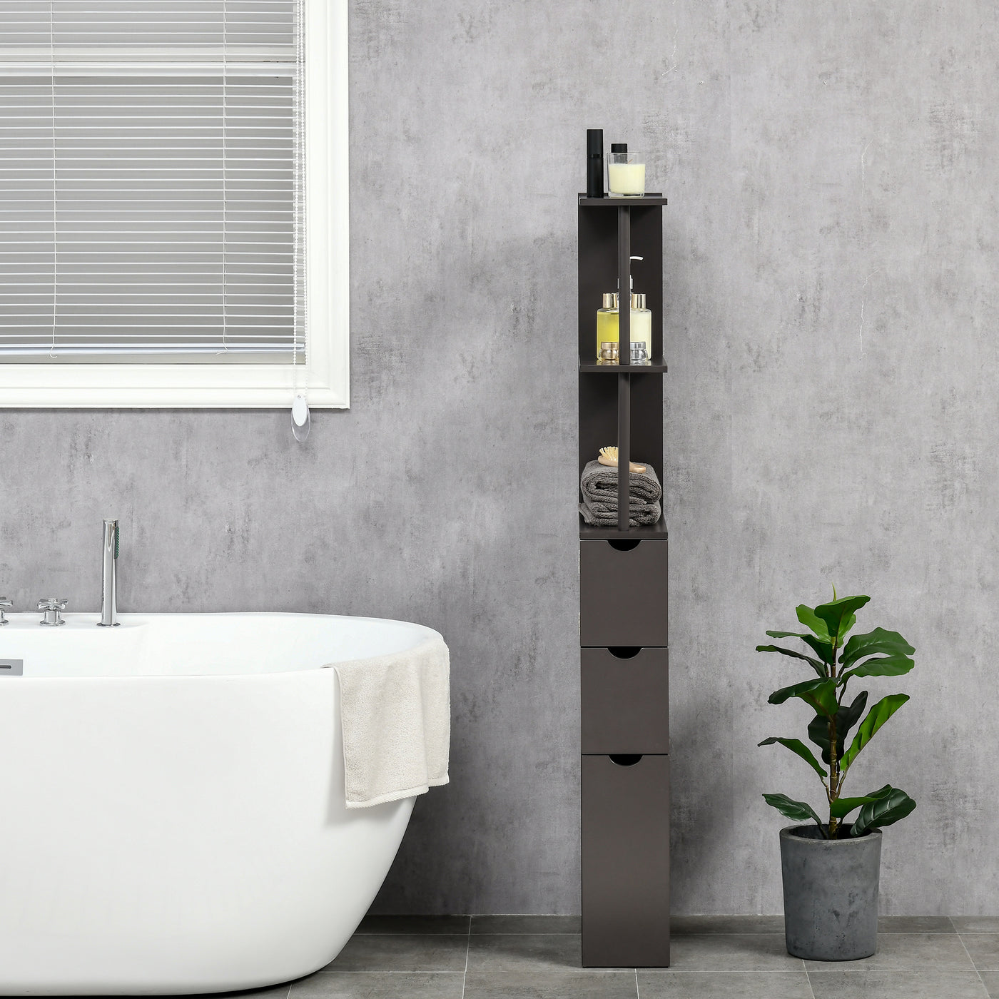 Tall Bathroom Storage Cabinet, Narrow Bathroom Cabinet with Drawers and Open Shelves for Small Spaces, Brown