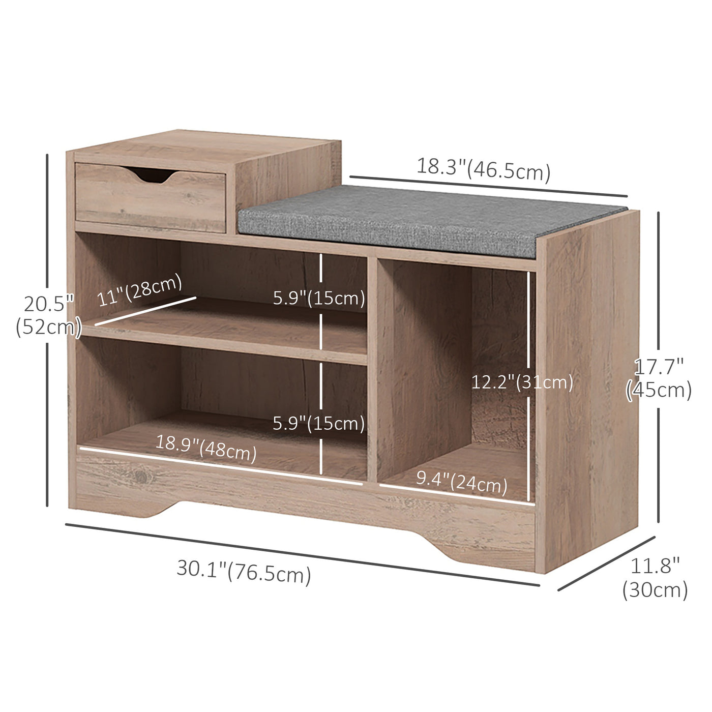 Upholstered Shoe Storage Bench, Hallway Shoe Storage with Seat, Drawer, 3 Open Shelves for Entryway, Grey