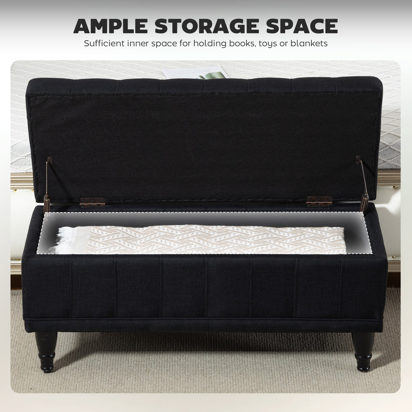 Storage Ottoman, Linen Fabric End of Bed Bench with Button Tufted Storage Bench for Bedroom, Black