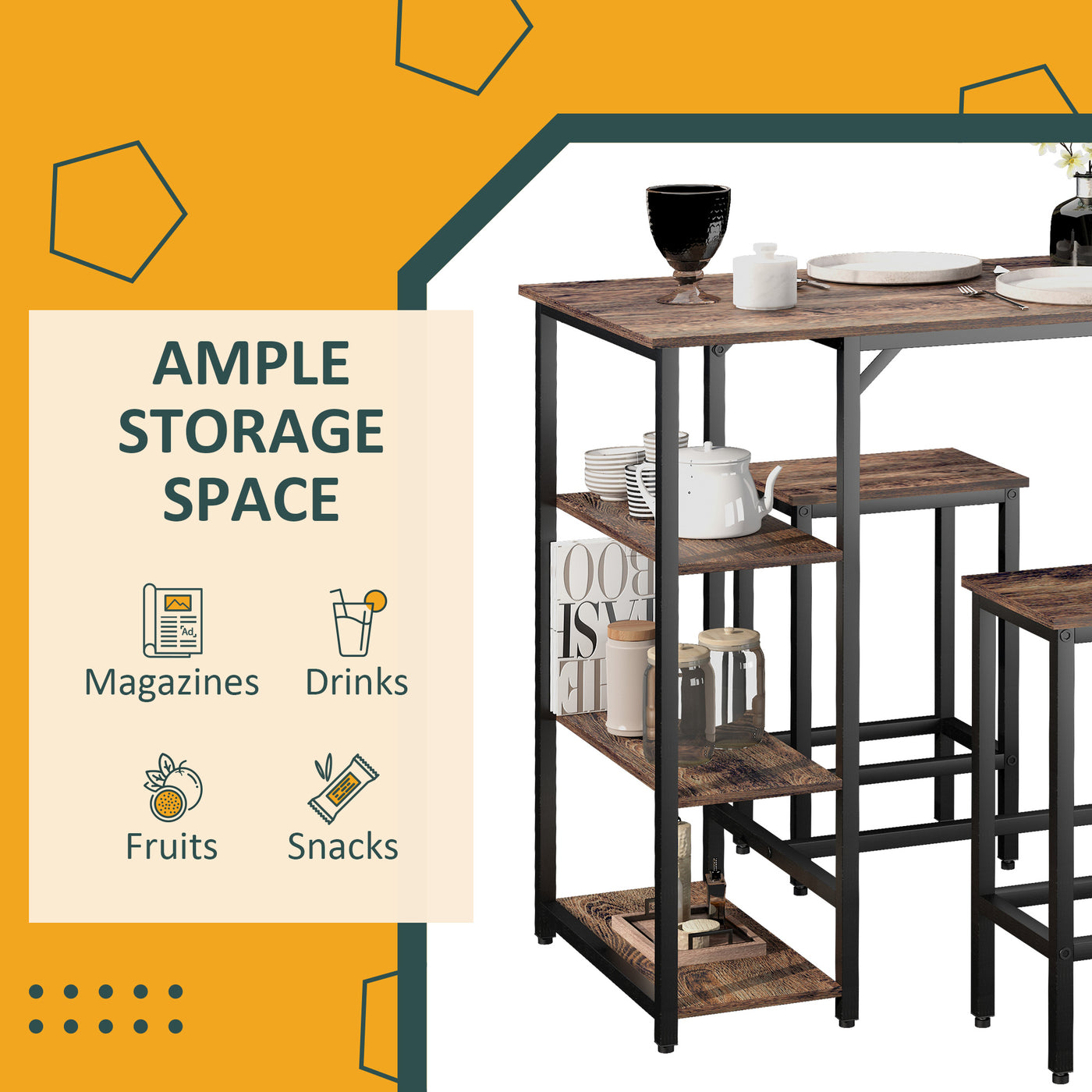 Industrial Dining Table Set for 2, Bar Table and Stools Set, Counter Height Kitchen Table with Chairs with Storage Shelf, Rustic Brown