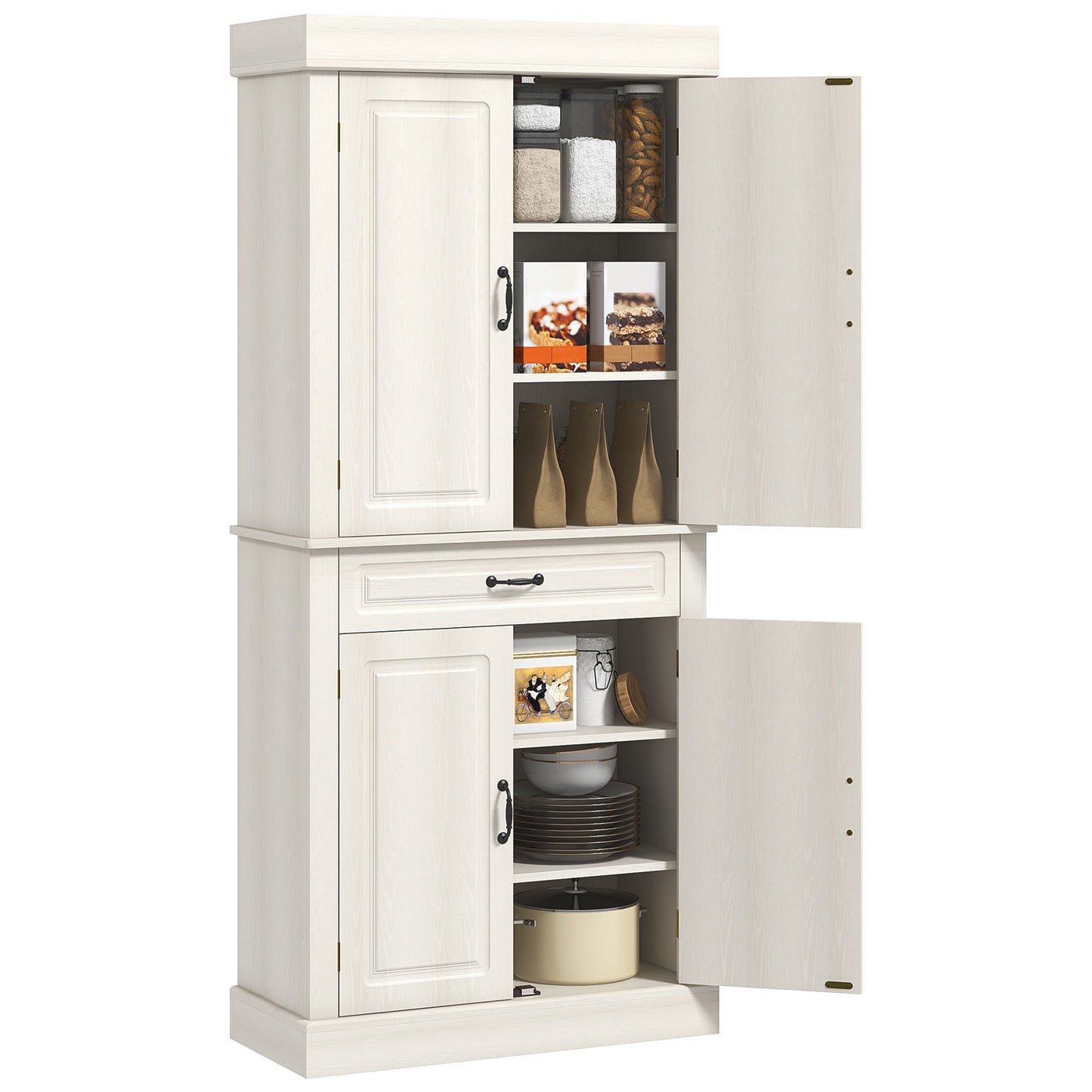 71" Freestanding Kitchen Pantry with 4 Doors and 2 Cabinets, Tall Storage Cabinet for Kitchen, Distressed White