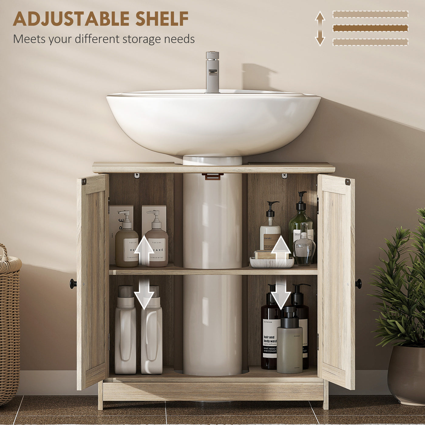 Bathroom Vanity, 24" Pedestal Sink Bathroom Vanity Furniture with 2 Doors and Shelf, Grey Wood Grain